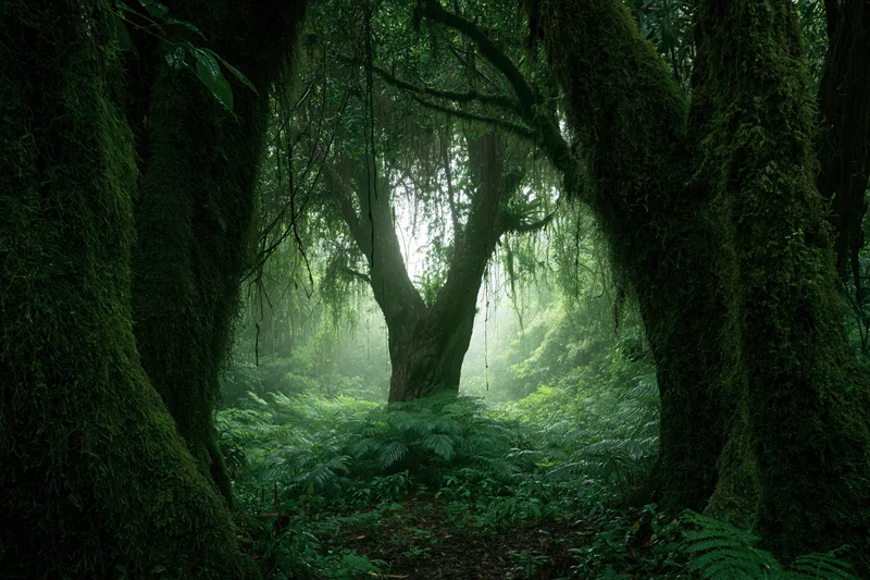 Moss-covered ancient trees framing a misty path through dense tropical rainforest undergrowth