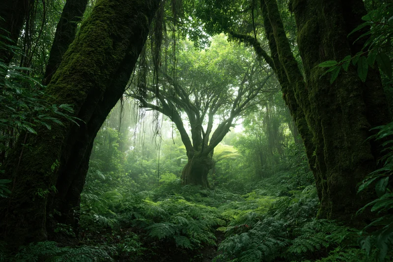 Ancient moss-covered trees framing a sunlit path through dense tropical rainforest undergrowth