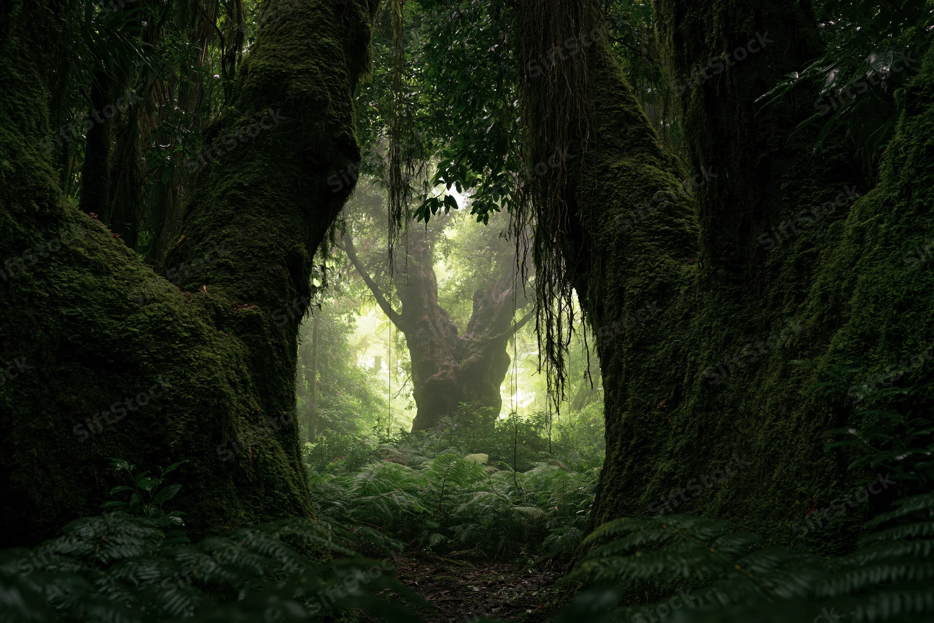 Moss-covered ancient trees in a dense tropical rainforest with dappled light filtering through the canopy