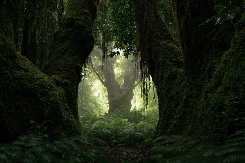 Moss-covered ancient trees in a dense tropical rainforest with dappled light filtering through the canopy