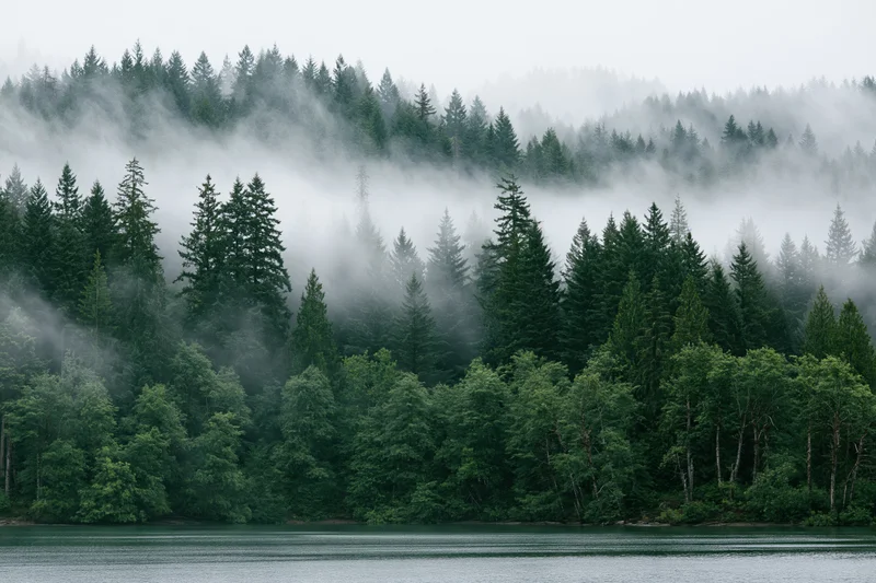 Fog-covered conifer forest along a calm lake in the pacific northwest