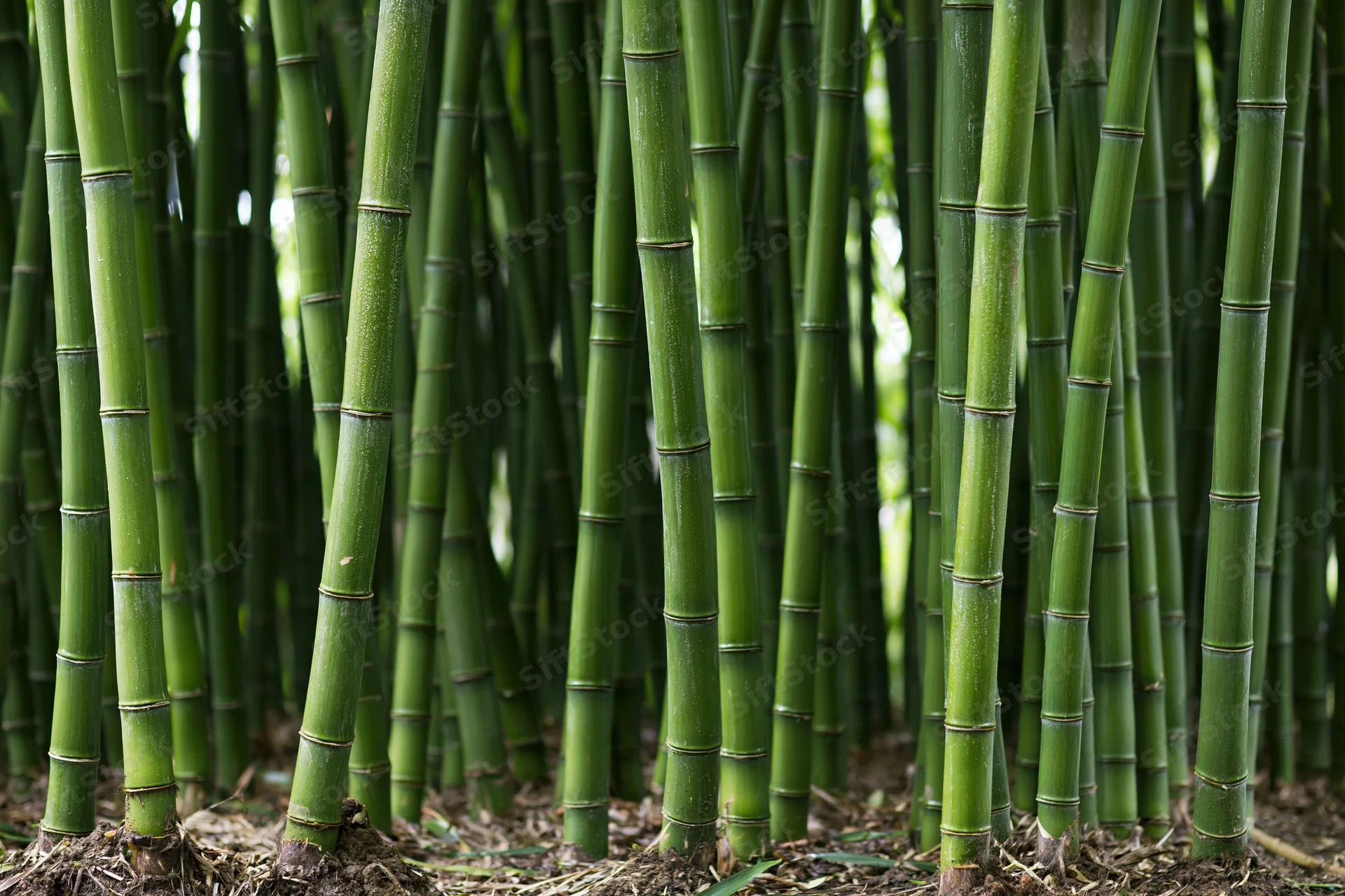 Dense bamboo stalks growing tightly packed in a natural outdoor setting
