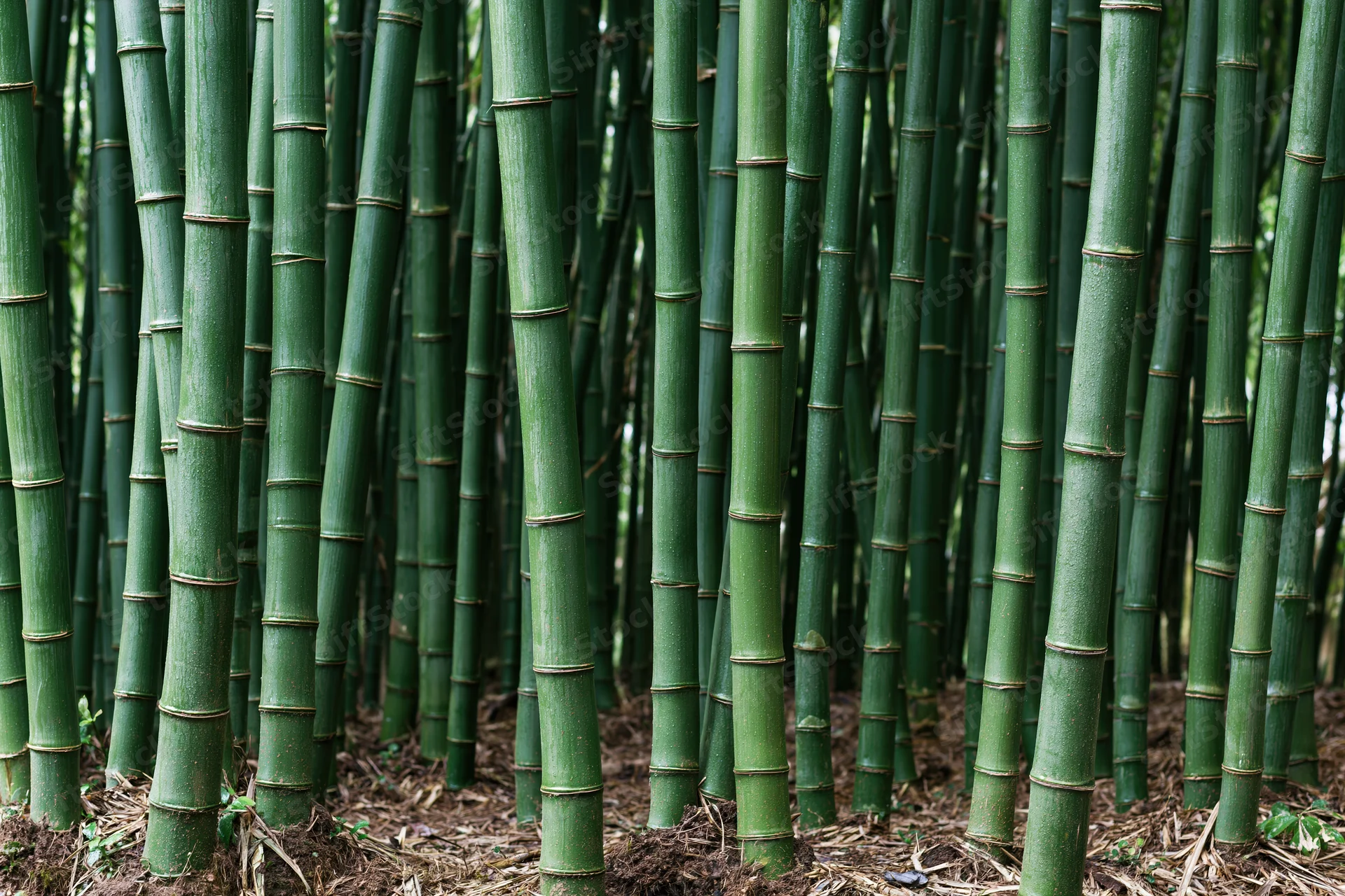 Dense bamboo stalks growing tightly packed in a forest setting