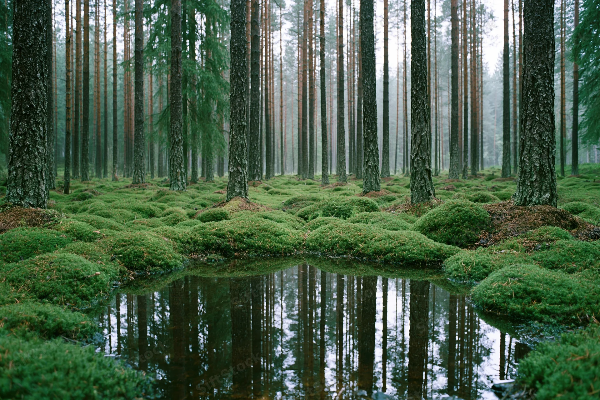 Tall pine trees in a dense forest with mossy ground and a reflective puddle in the foreground