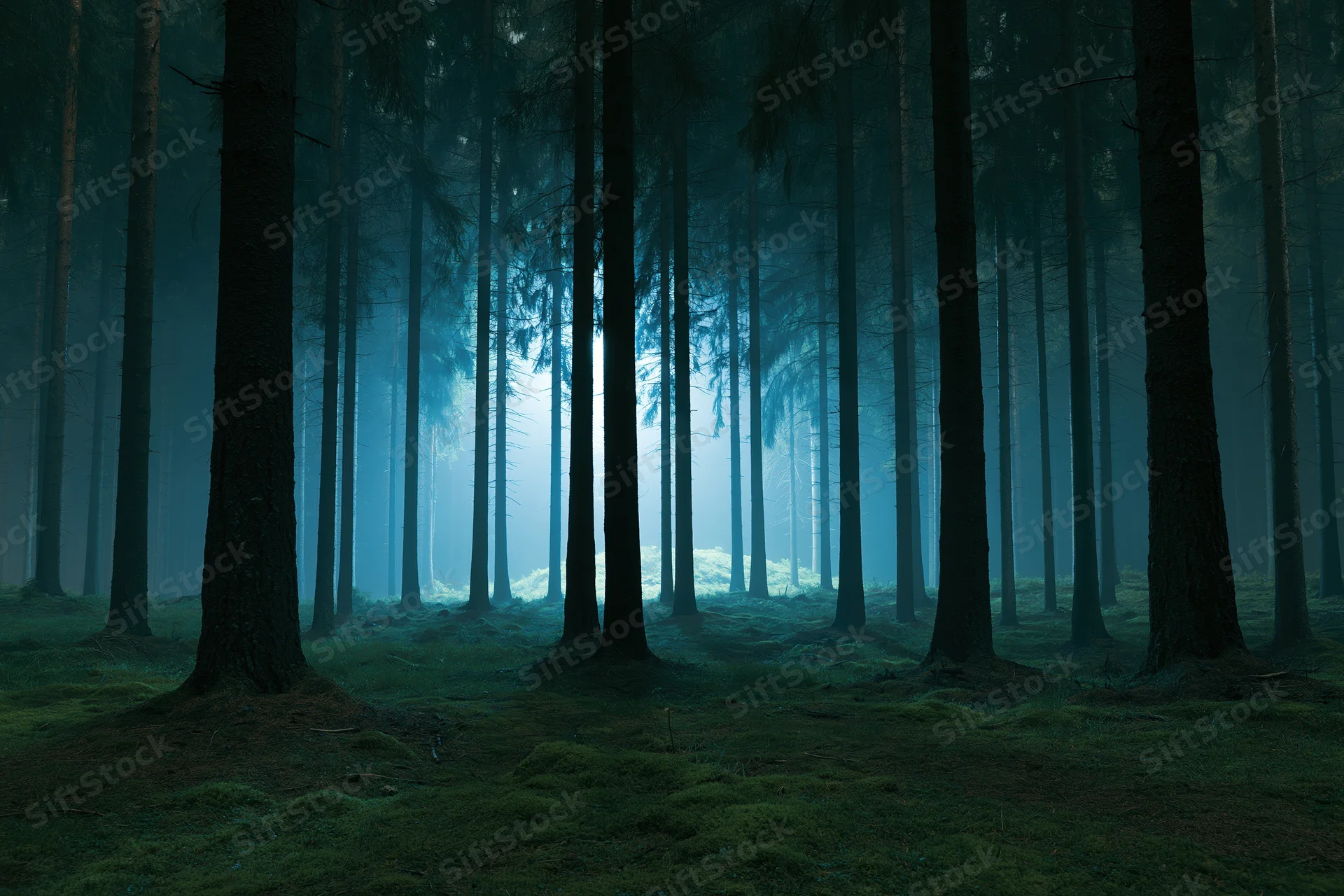 Tall dark pine trees receding into misty forest at night