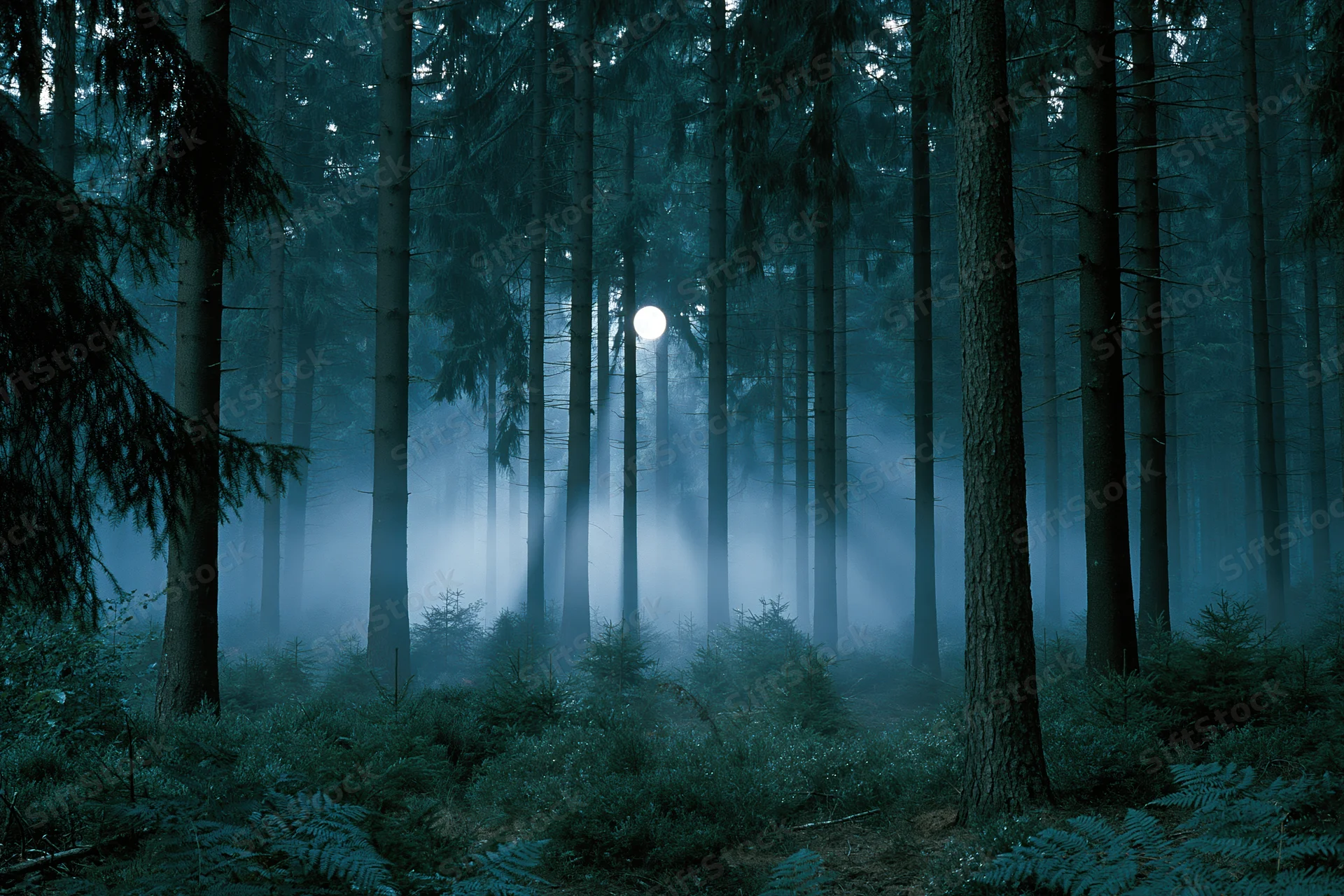 Moonlit conifer forest at night with fog drifting between tall trees and ferns on the forest floor
