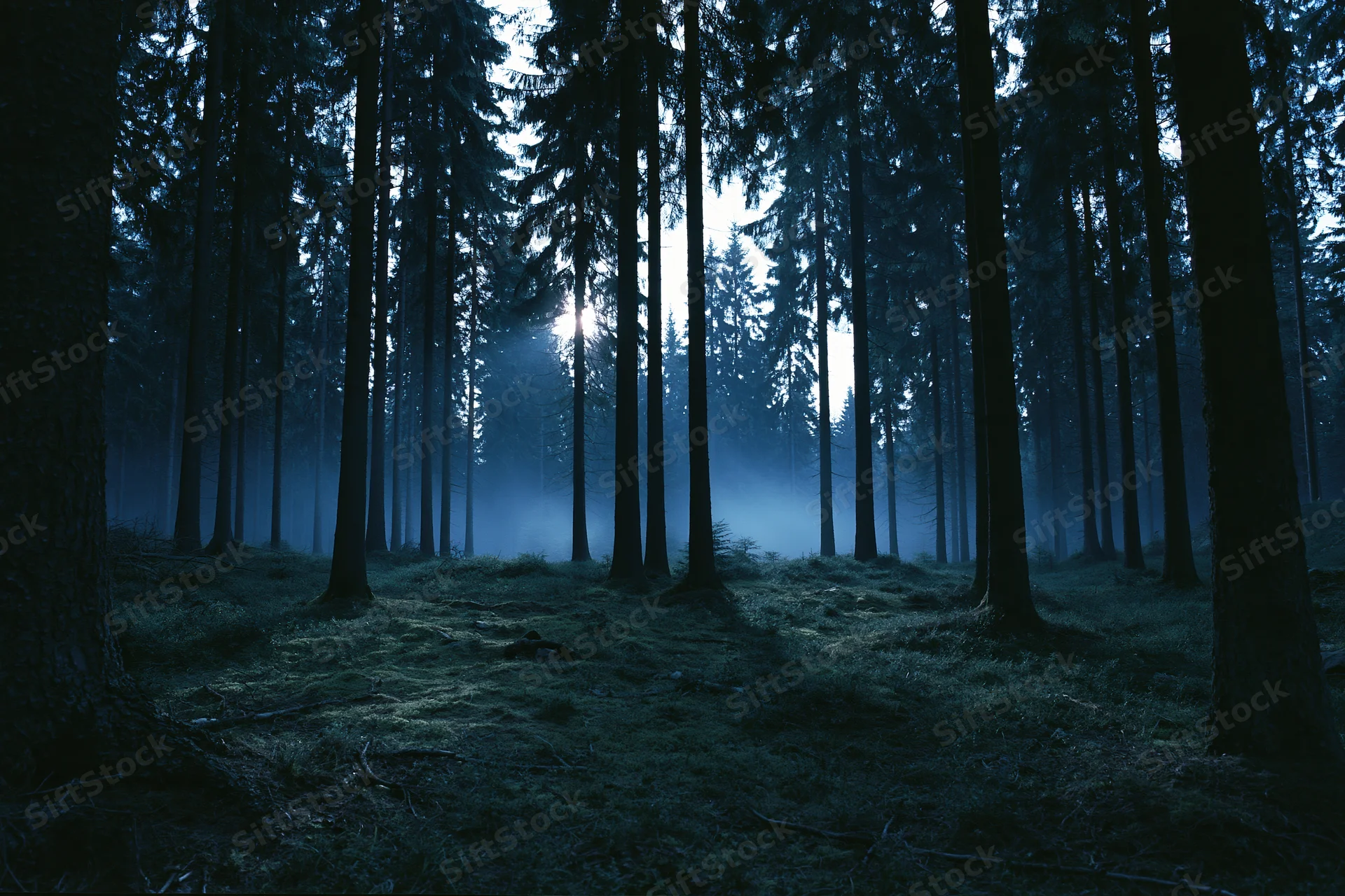 Moonlight filtering through tall conifer trees in a misty forest at night