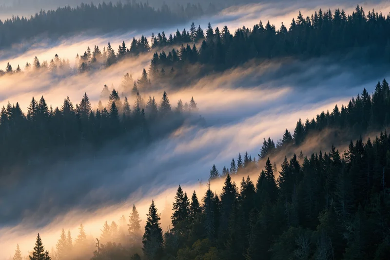Forest in Mist: Sunrise Over Foggy Pines Bathing the Valleys