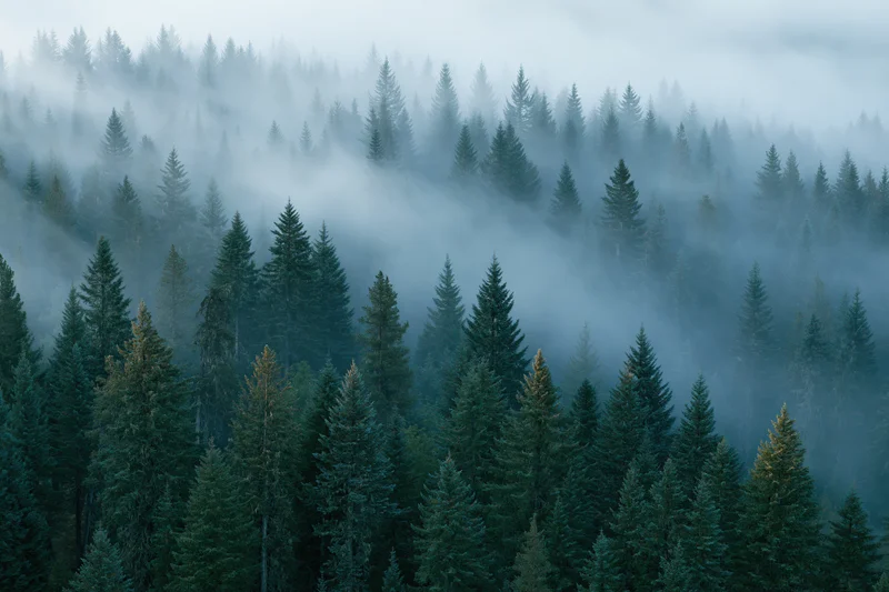 Aerial view of dense conifer forest blanketed in thick morning fog