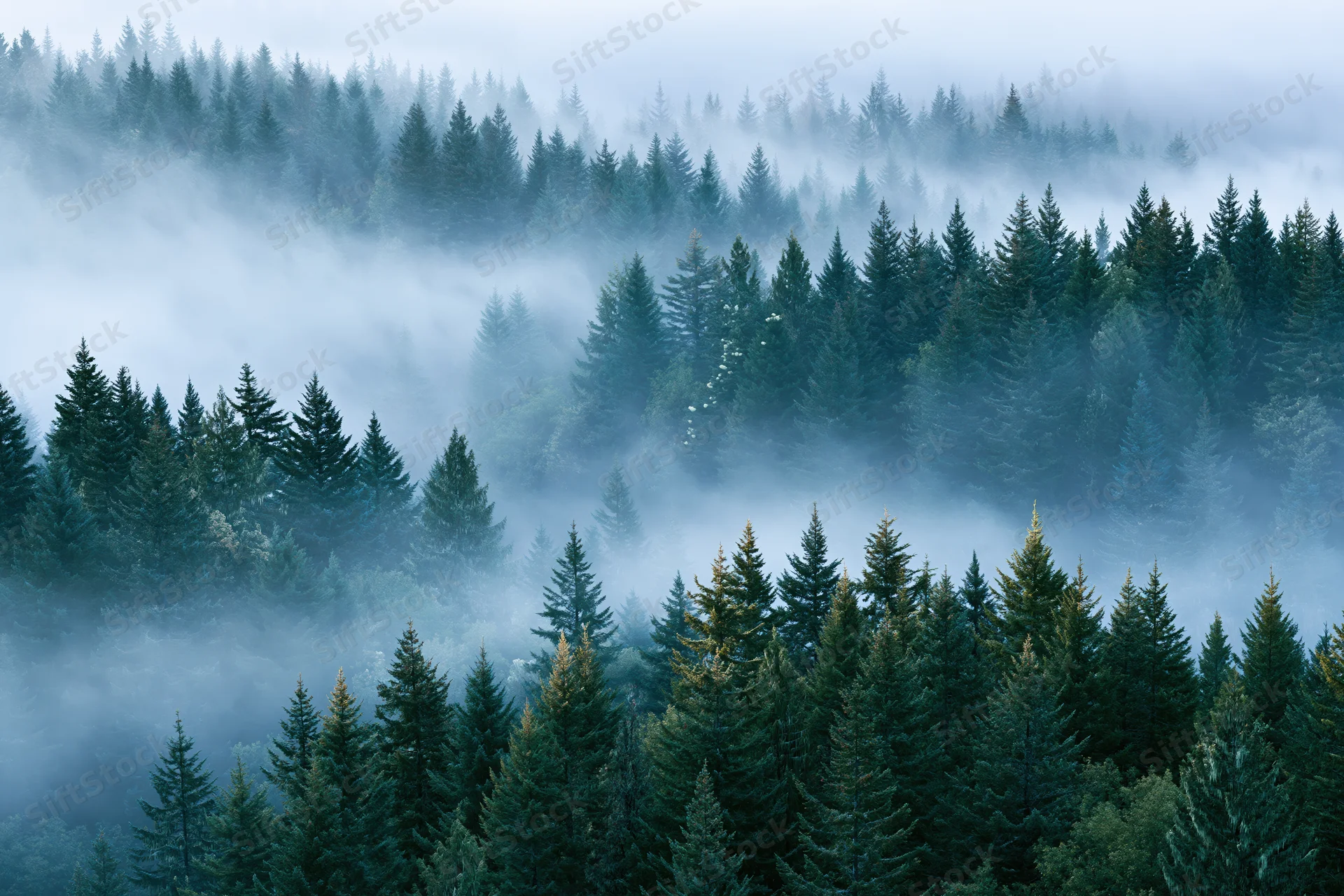 Aerial view of dense conifer forest blanketed in morning fog