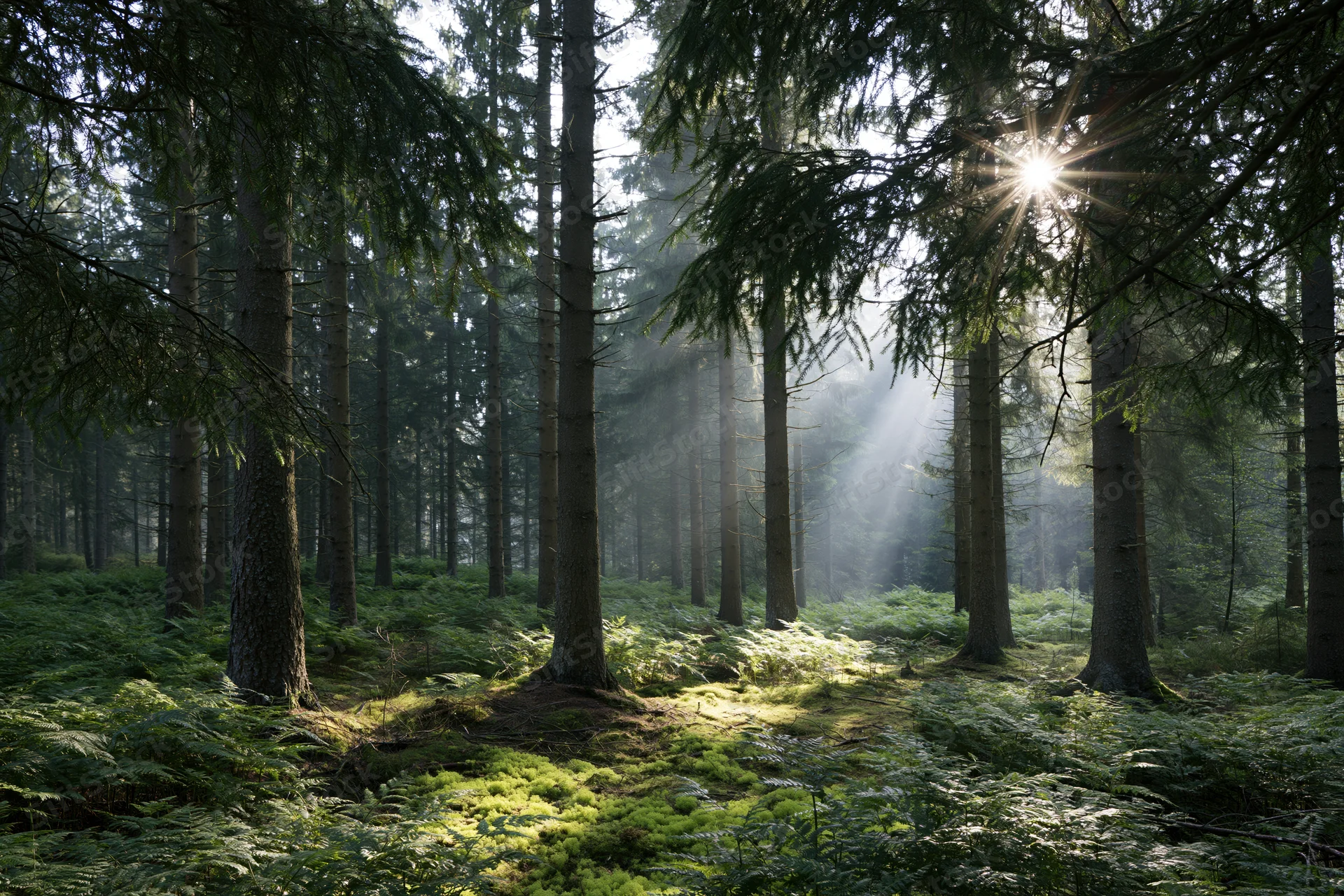 Sunlight streaming through tall conifer trees in a misty forest interior with ferns and moss on the ground