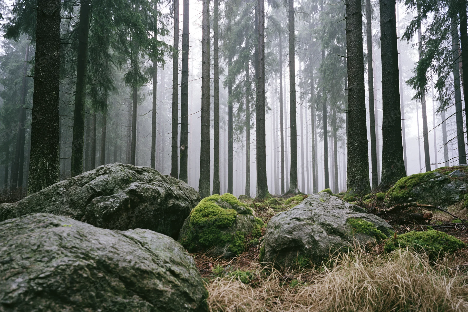 Foggy spruce forest with moss-covered rocks and tall bare trunks