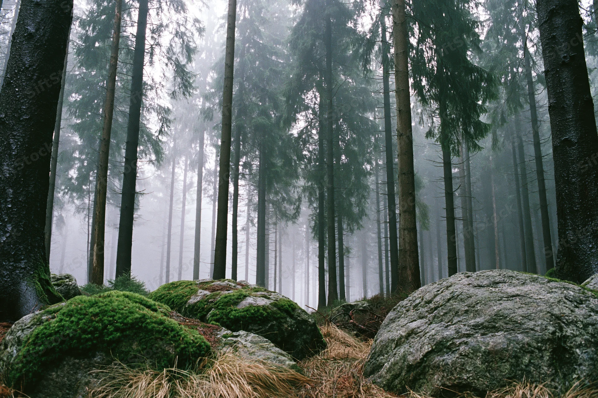 Dense conifer forest with tall spruce trees and moss-covered rocks in foggy atmosphere