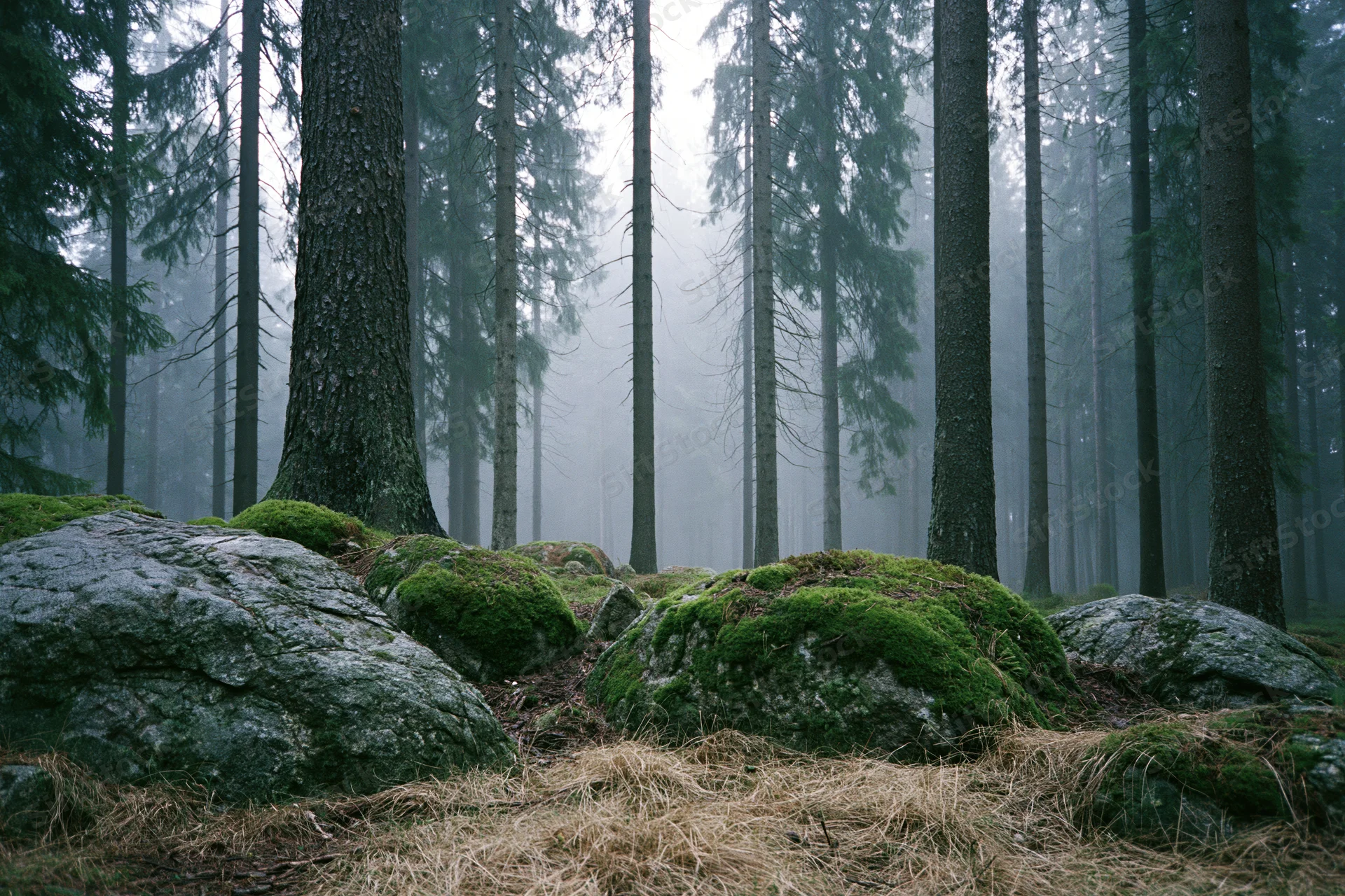 Moss-covered rocks in a foggy conifer forest with tall spruce trees