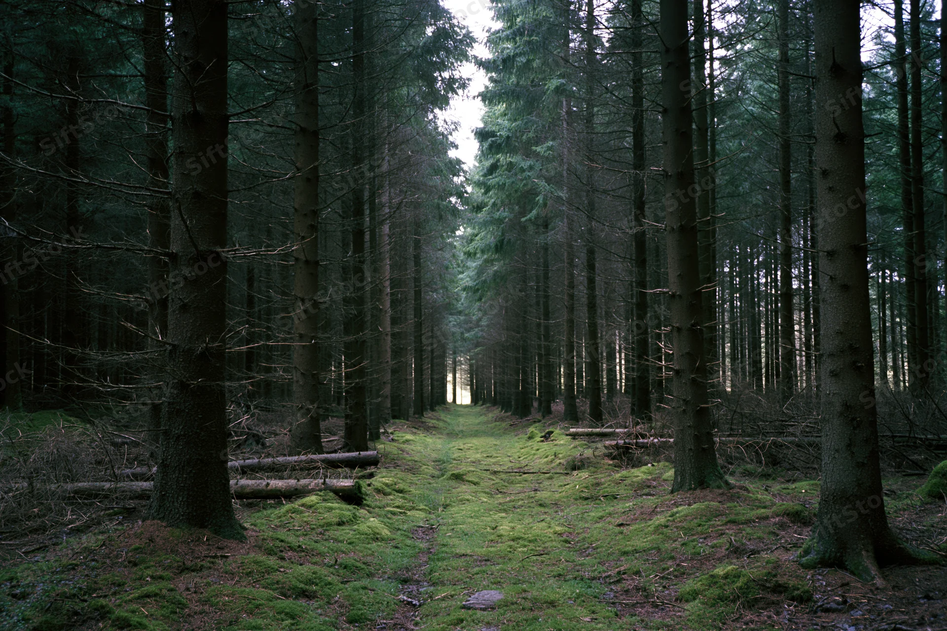 Narrow mossy path winding through dense conifer forest toward soft glowing light at end