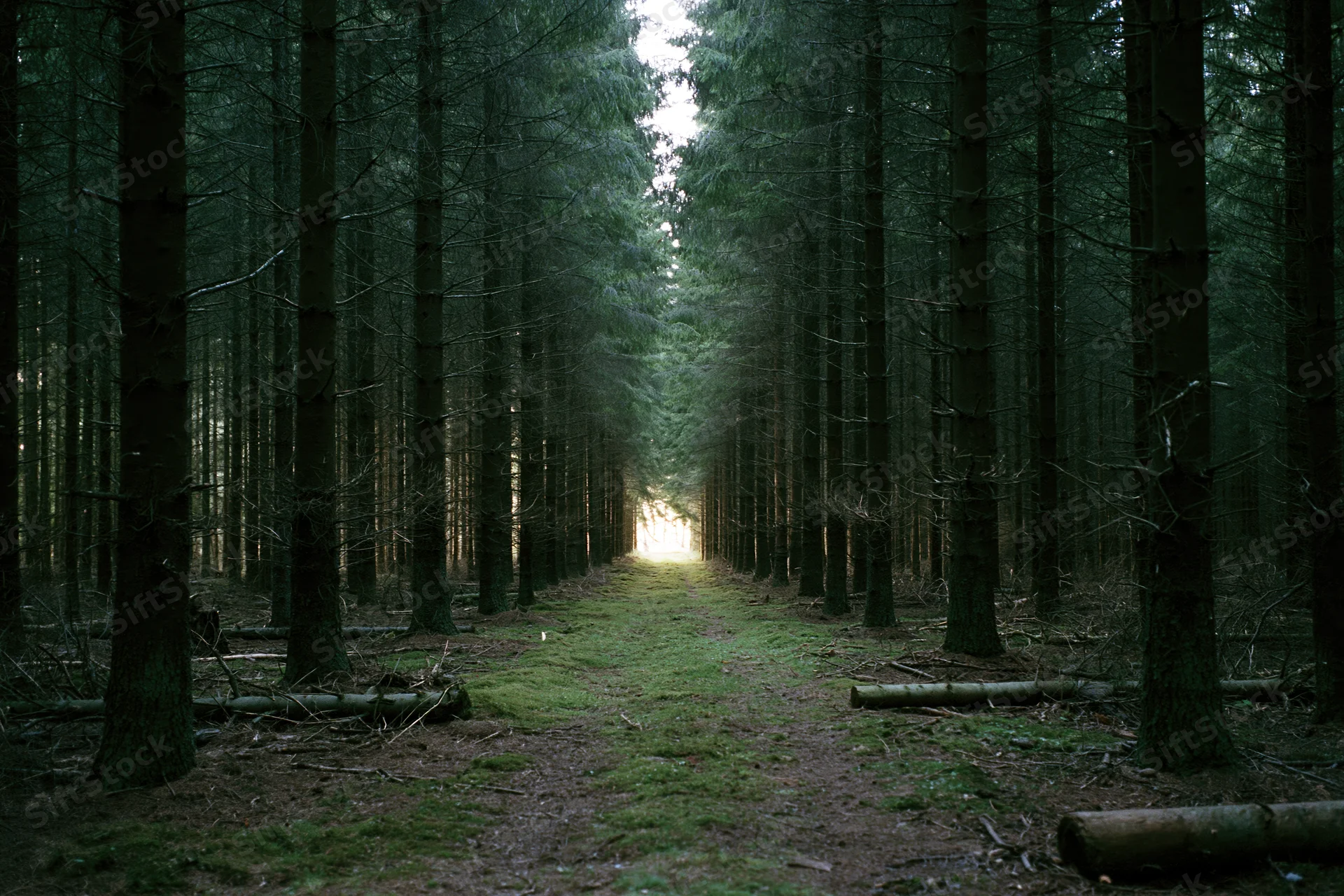 A straight path through a dense conifer forest leading to a glowing light at the horizon