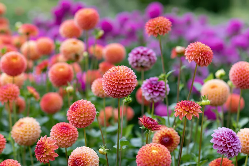 Dense dahlia garden in full bloom with round pompom flowers in orange, pink and purple hues