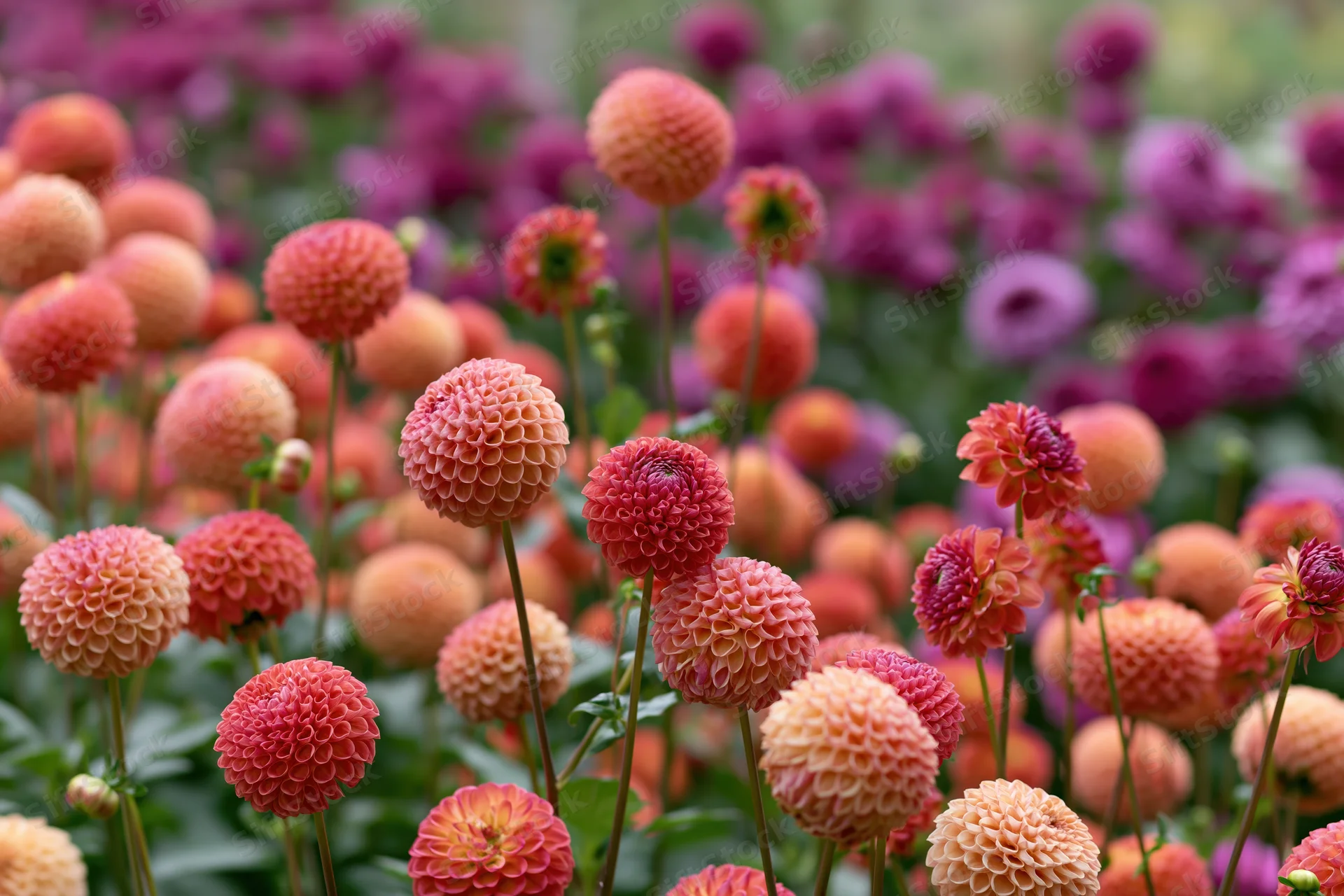 Dense dahlia garden in full bloom with round pompom flowers in orange, pink and purple hues