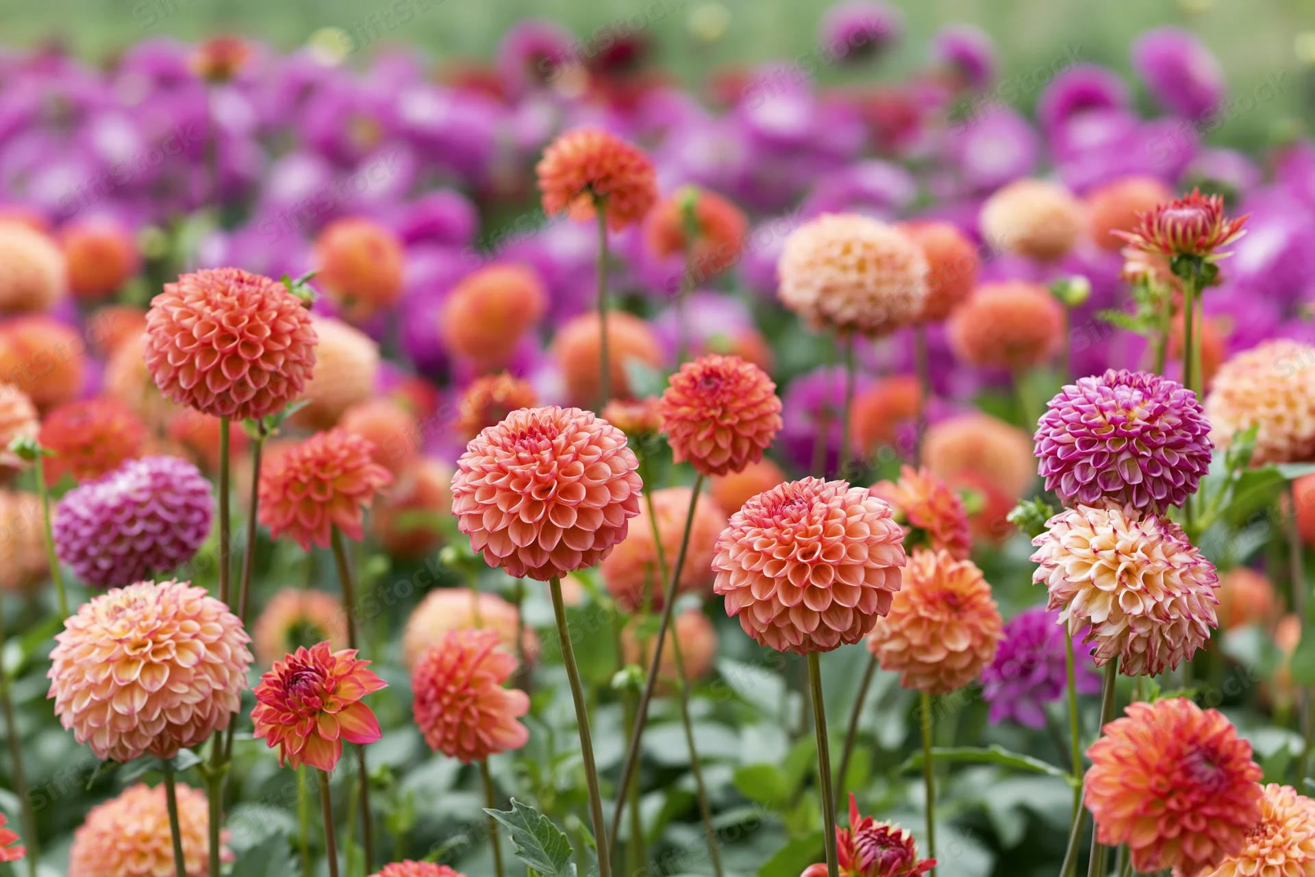 Dense dahlia garden in full bloom with round pompom flowers in shades of pink, orange, and purple