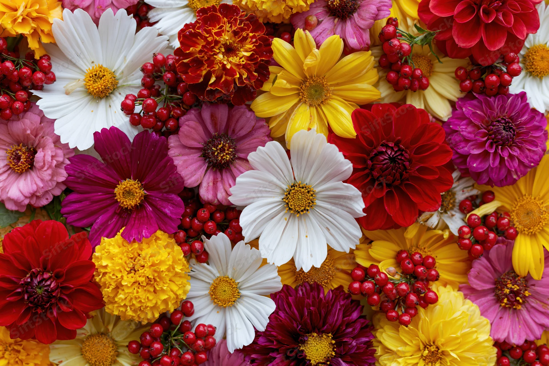 Dense flat-lay of mixed garden flowers and red berries filling the frame