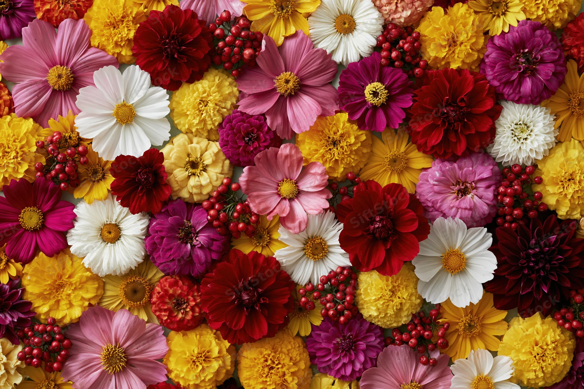 Dense flat-lay of mixed garden flowers including cosmos, marigold, dahlia, zinnia, and berries in vibrant colors filling the frame