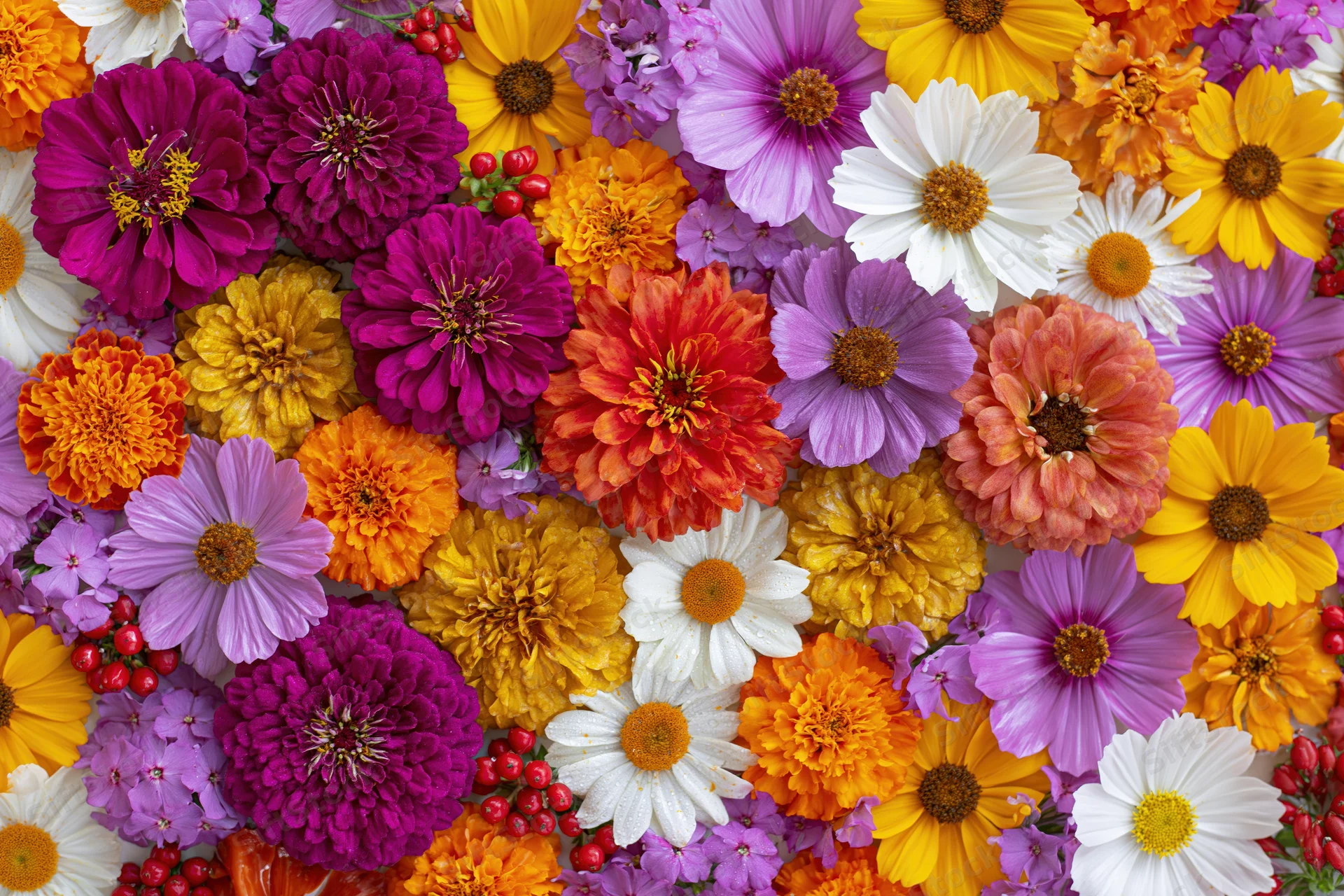 Dense flat lay of mixed garden flowers covering the entire frame in vibrant colors