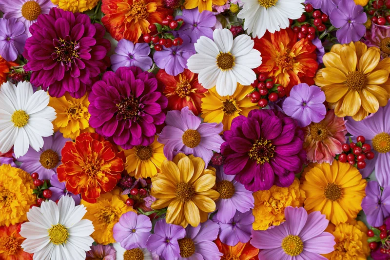Dense flat lay of mixed garden flowers covering the entire frame