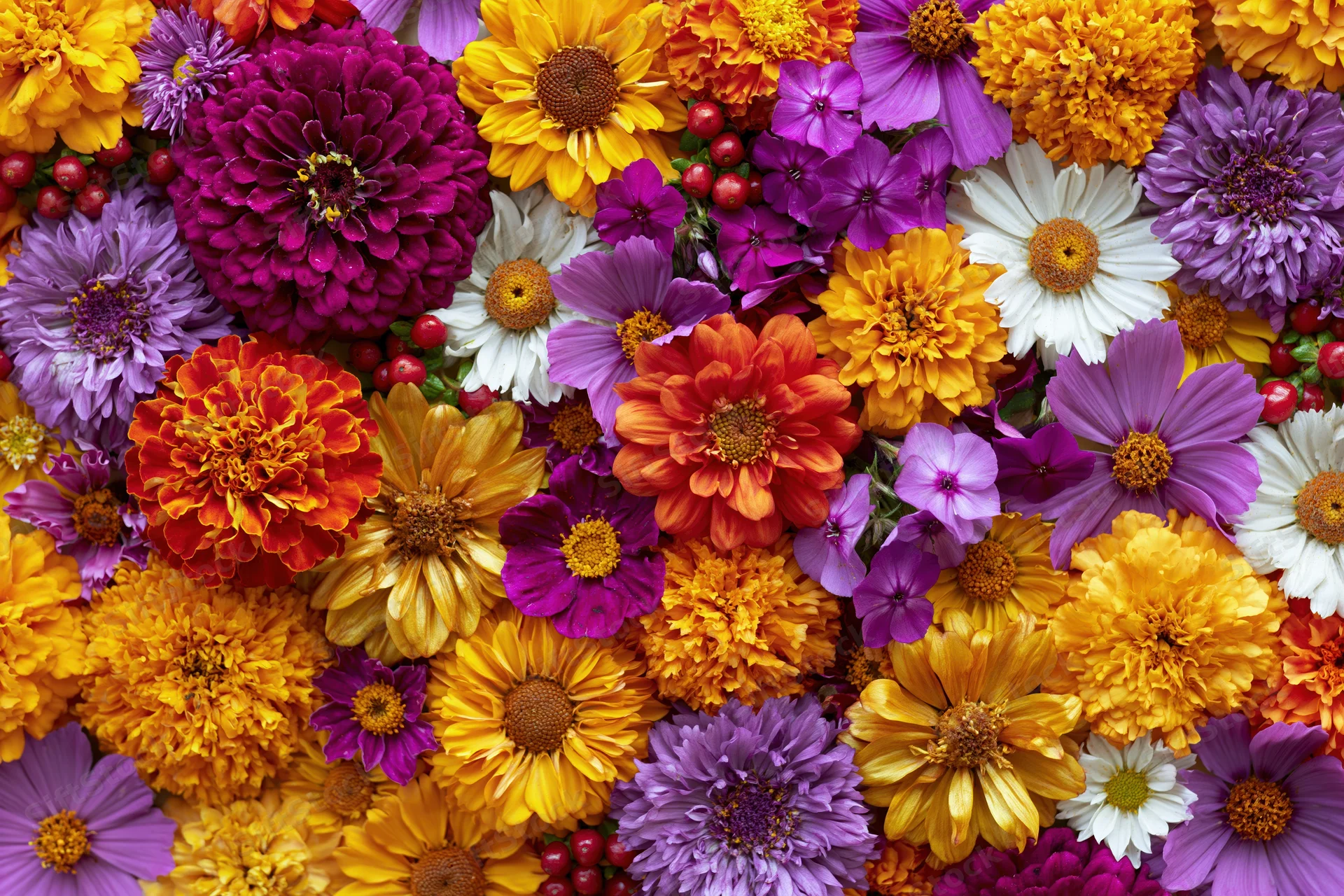 Dense flat lay of mixed garden flowers covering the entire frame in vibrant colors