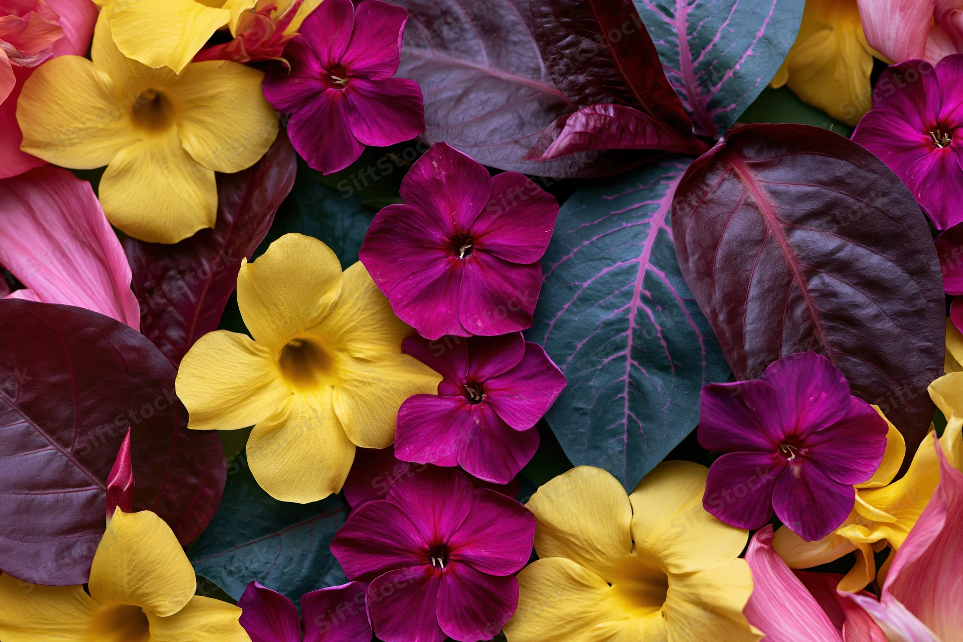 Dense flat lay of tropical flowers and ornamental leaves in vibrant colors
