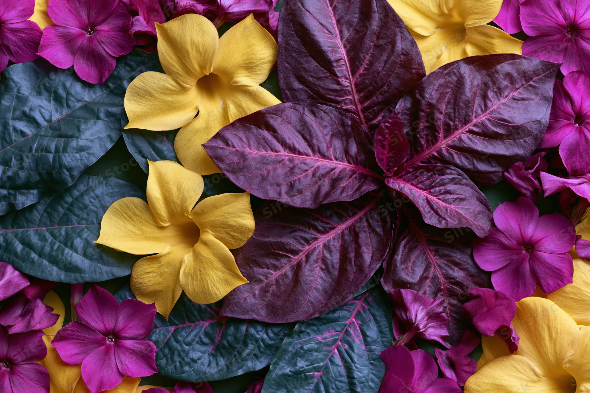 Dense flat lay of tropical flowers and large ornamental leaves arranged overhead with vibrant colors