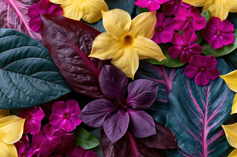 Dense flat lay of tropical flowers and large ornamental leaves arranged together in a vibrant floral composition