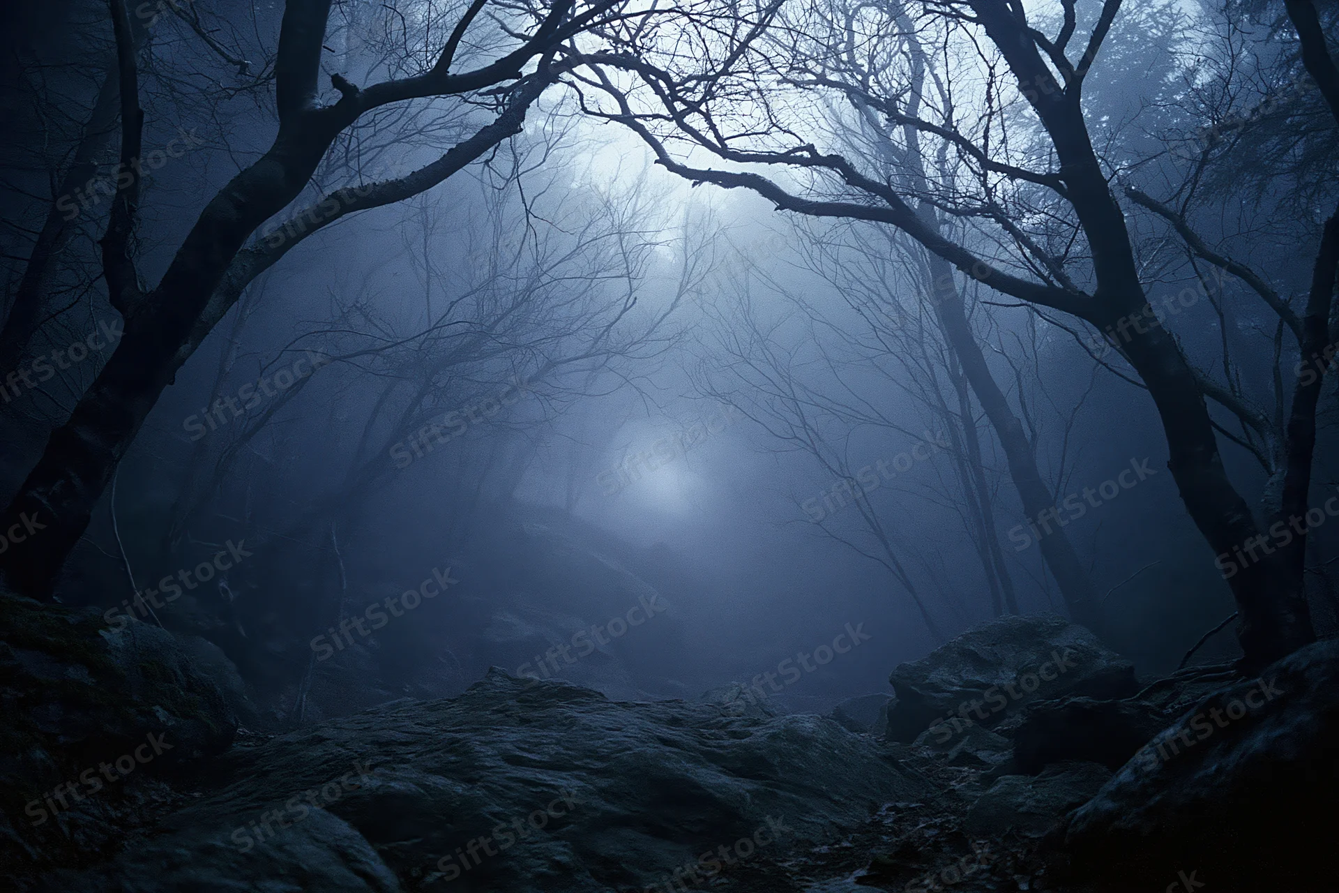 Foggy forest at night with bare twisted trees framing a dim moonlit path among rocks