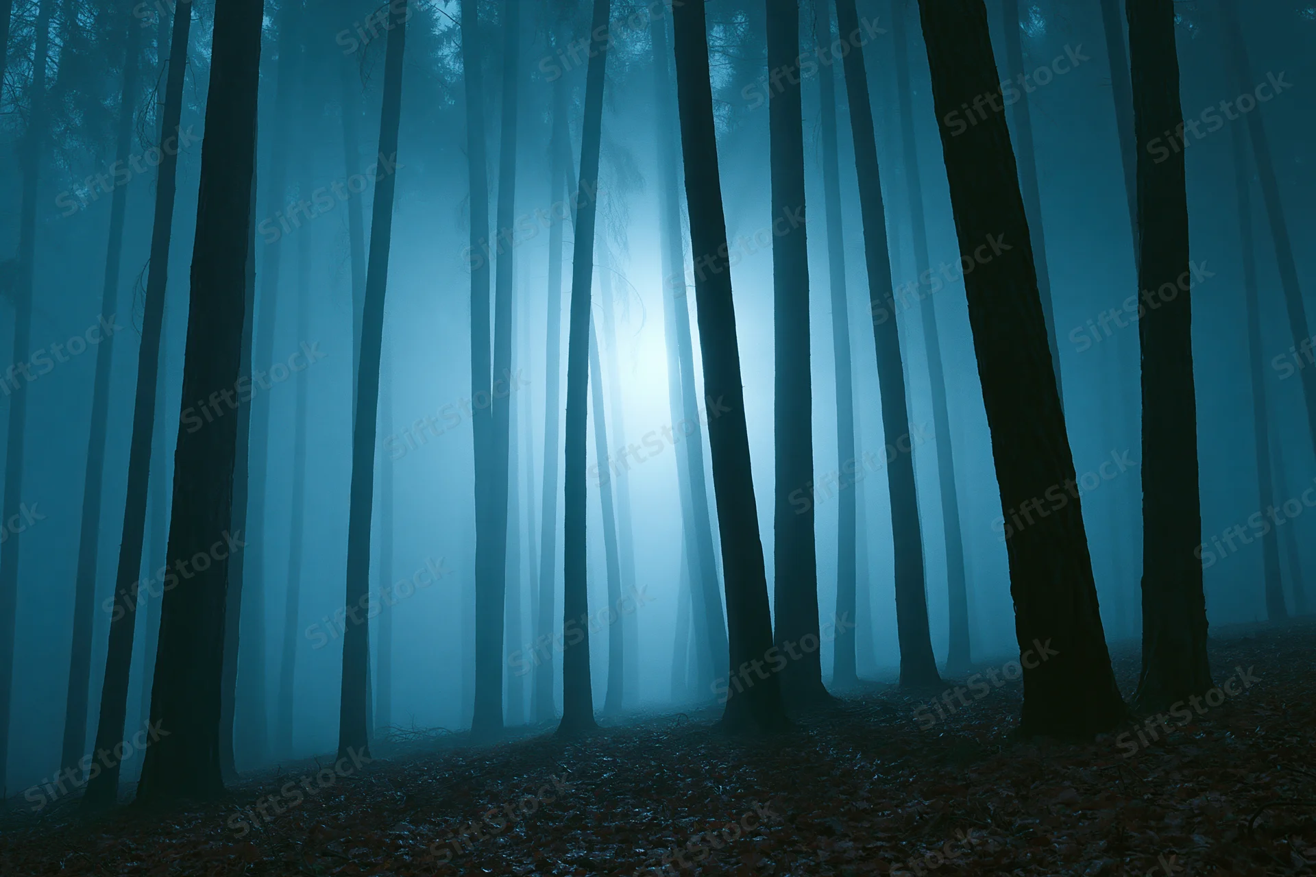 Tall slender tree trunks receding into foggy forest at night