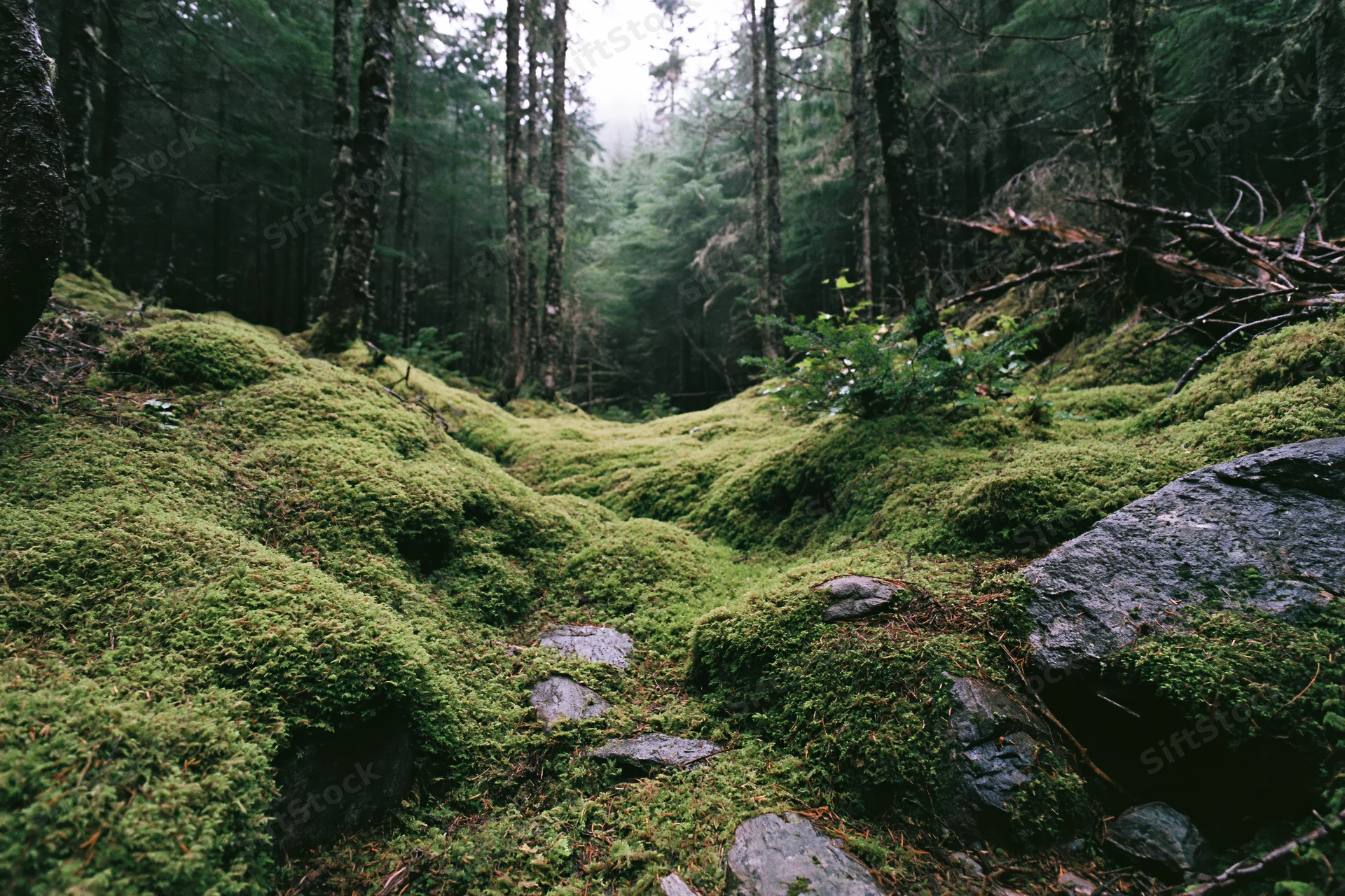 Moss-covered forest floor with rocks and conifer trees receding into misty shade
