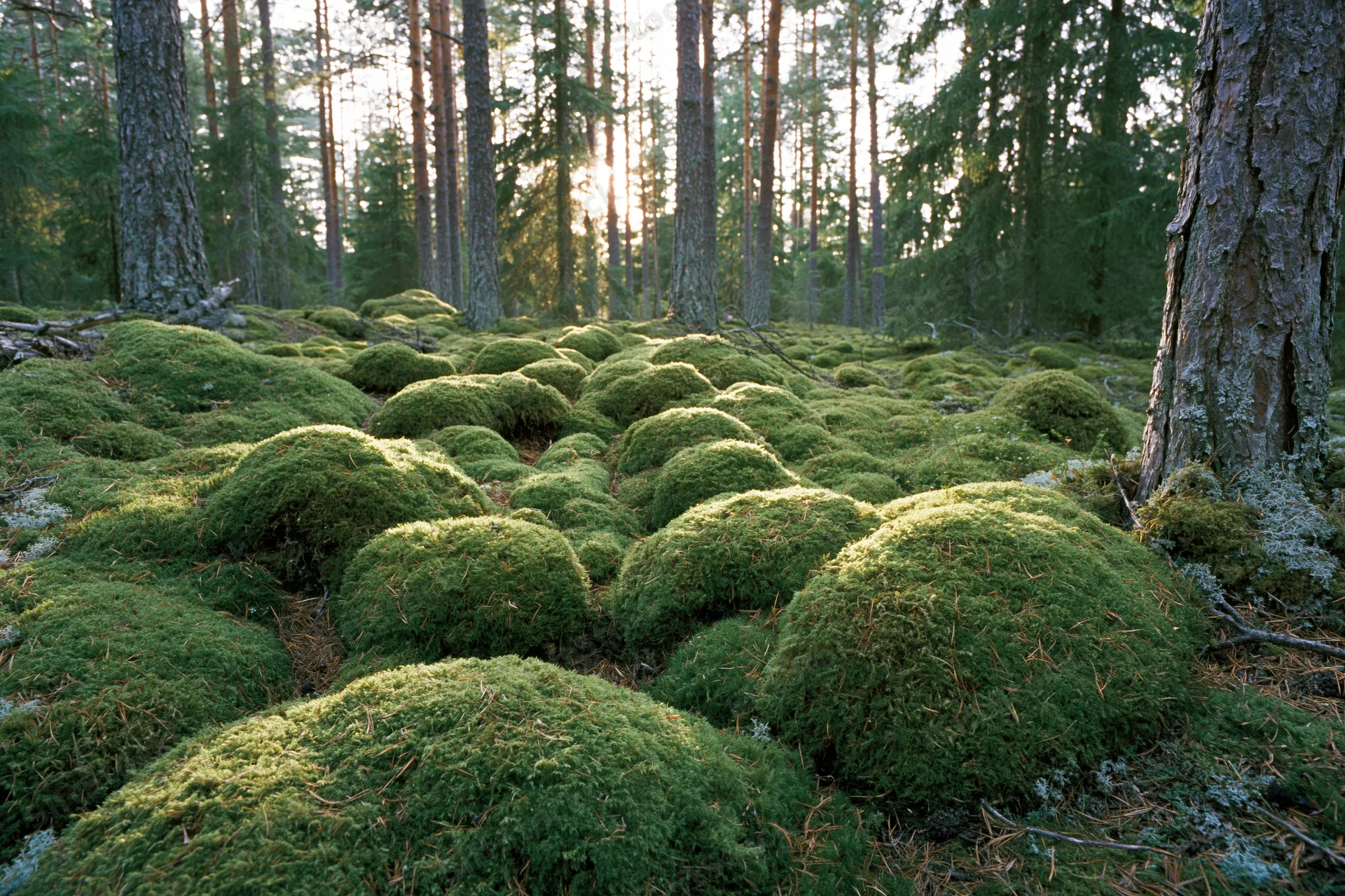 Dense moss mounds covering the forest floor among tall pine trees in a boreal woodland