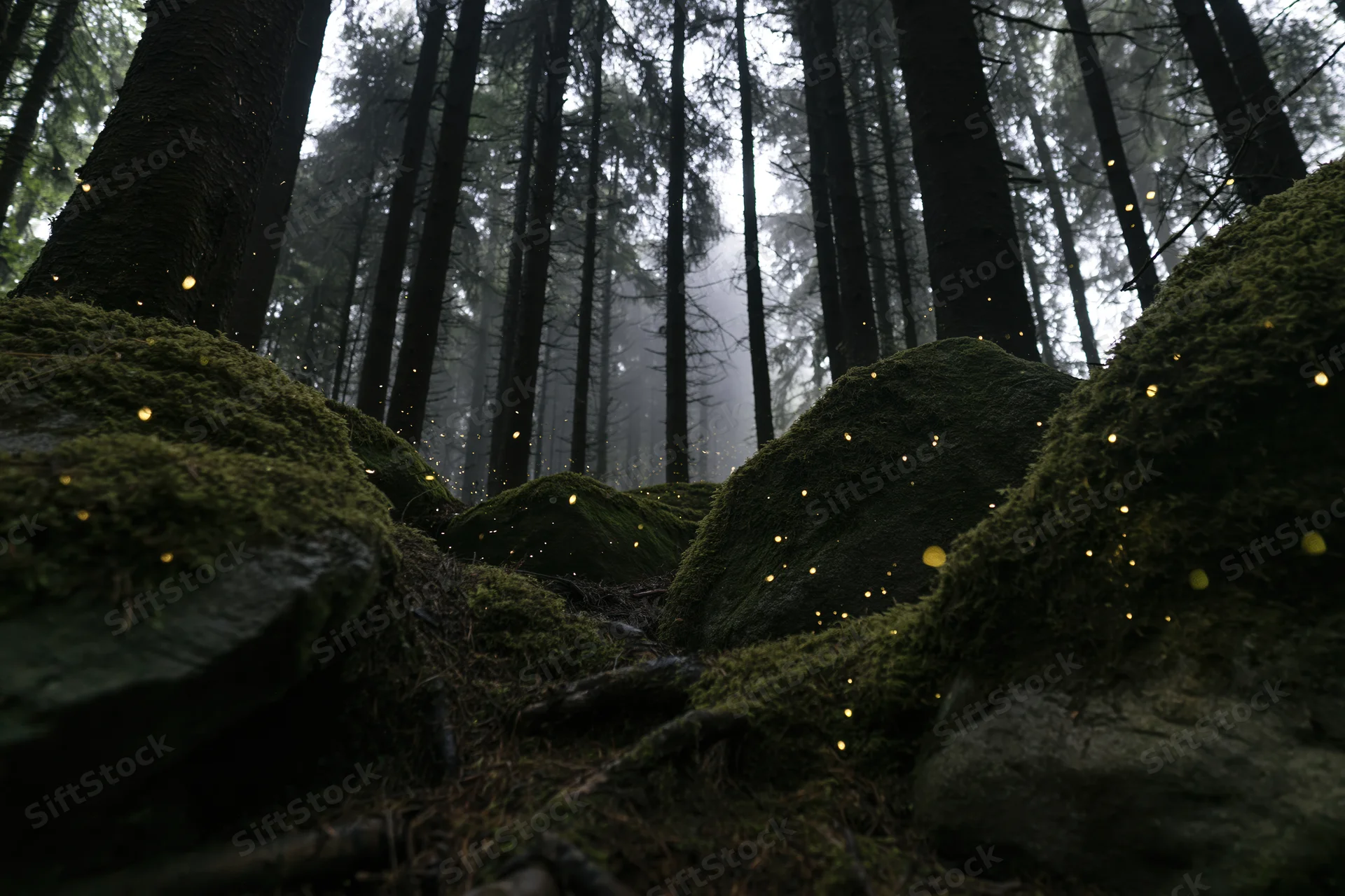 Moss-covered rocks glowing with bioluminescent light in a dense spruce forest at dusk