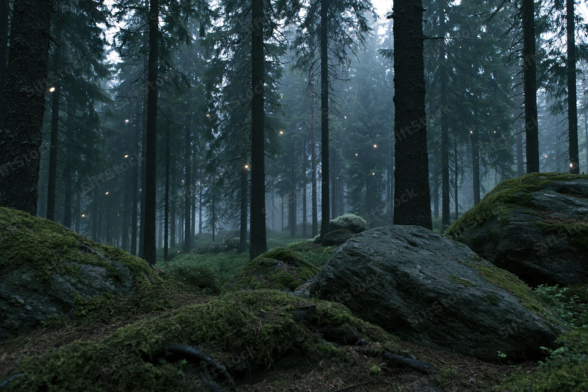 Dense old-growth spruce forest at dusk with mist and moss-covered rocks