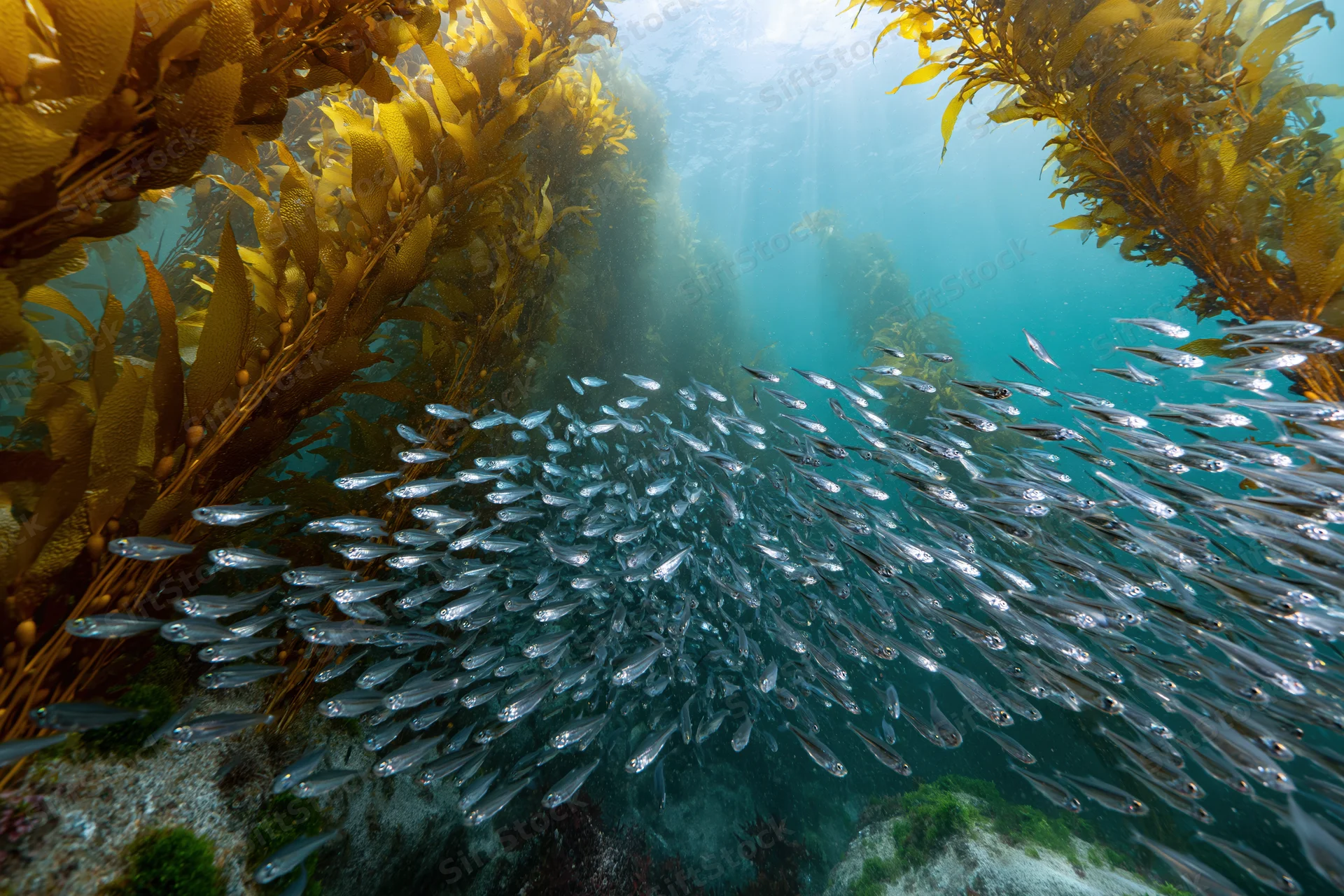 School of small silver fish swimming through dense kelp forest underwater