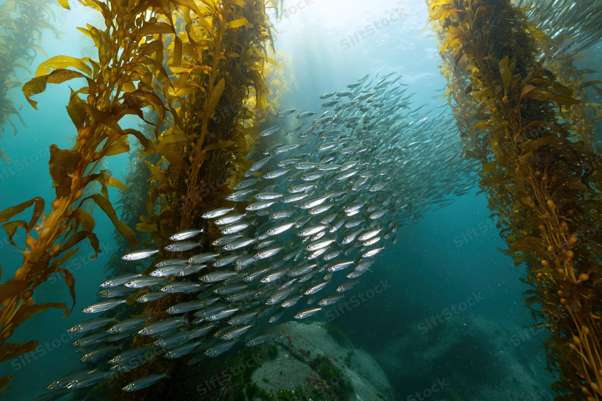 School of small silver fish swimming through dense kelp forest underwater
