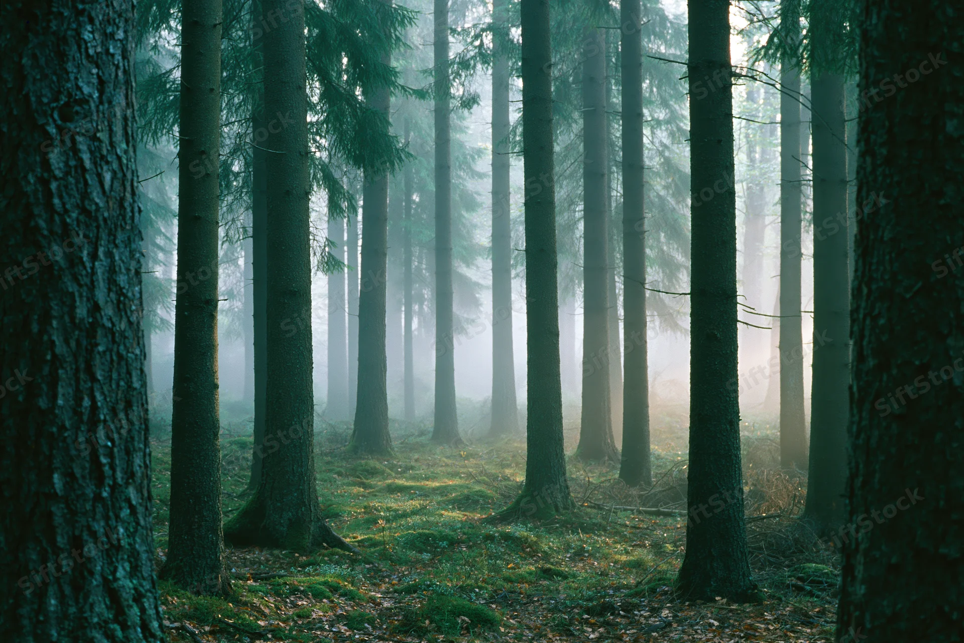 Dense temperate forest interior with tall straight tree trunks and misty atmosphere