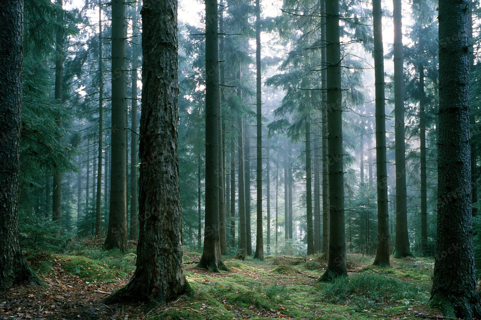 Dense temperate forest interior with tall straight tree trunks and misty light filtering through canopy