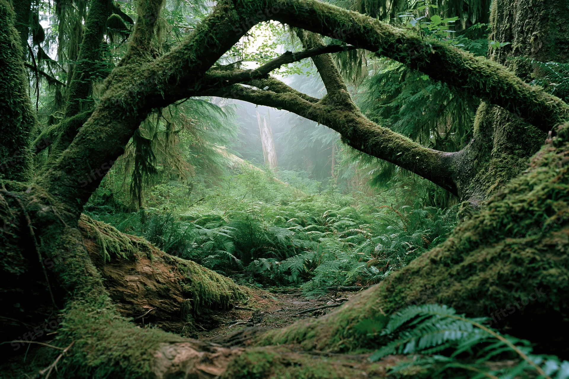 Moss-covered fallen tree forming an arch over a fern-filled forest path in a dense temperate rainforest