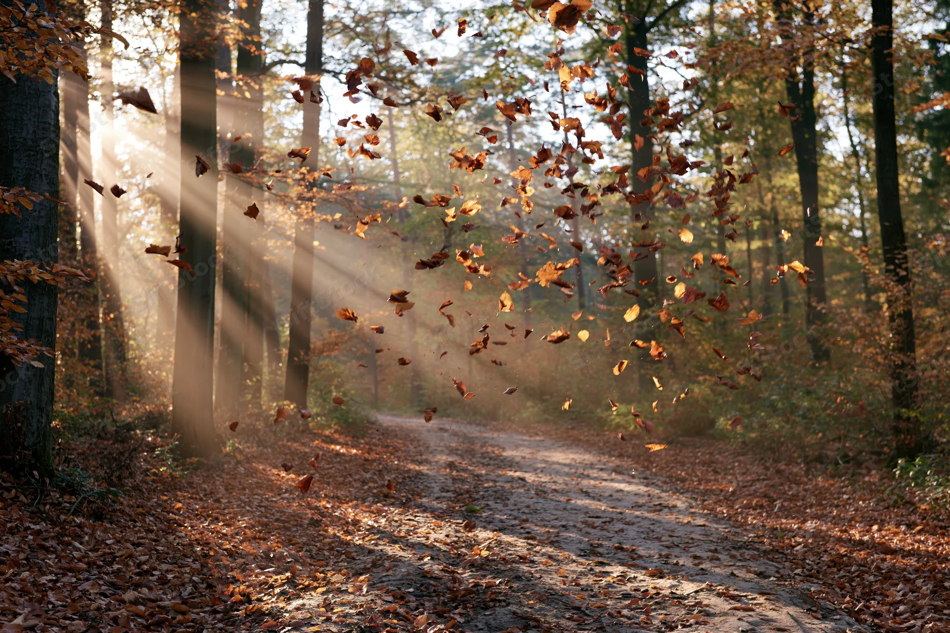 Falling leaves drift along a dirt path through a sunlit deciduous forest in autumn
