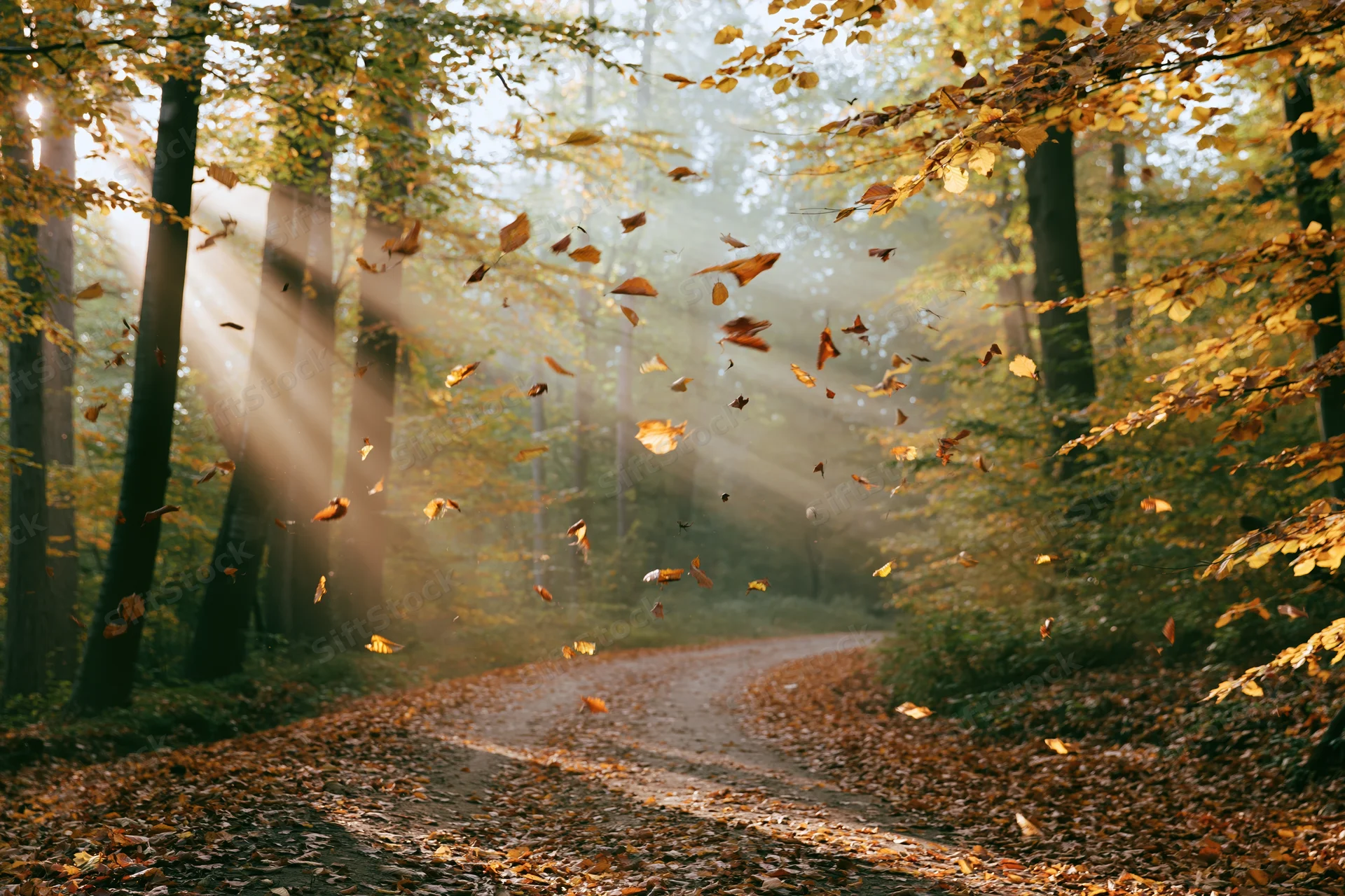 Winding dirt path through autumn forest with falling leaves and sunbeams filtering through trees