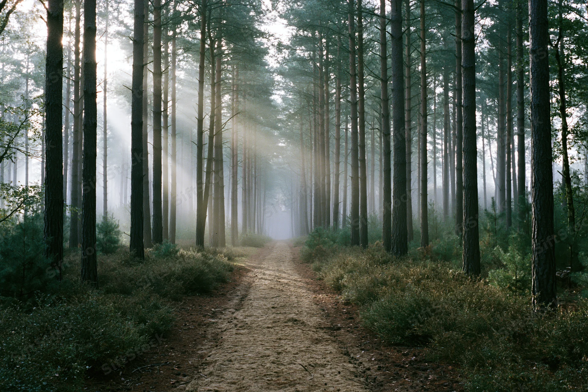 Dirt path winding through misty pine forest with sunlight filtering through tall trees