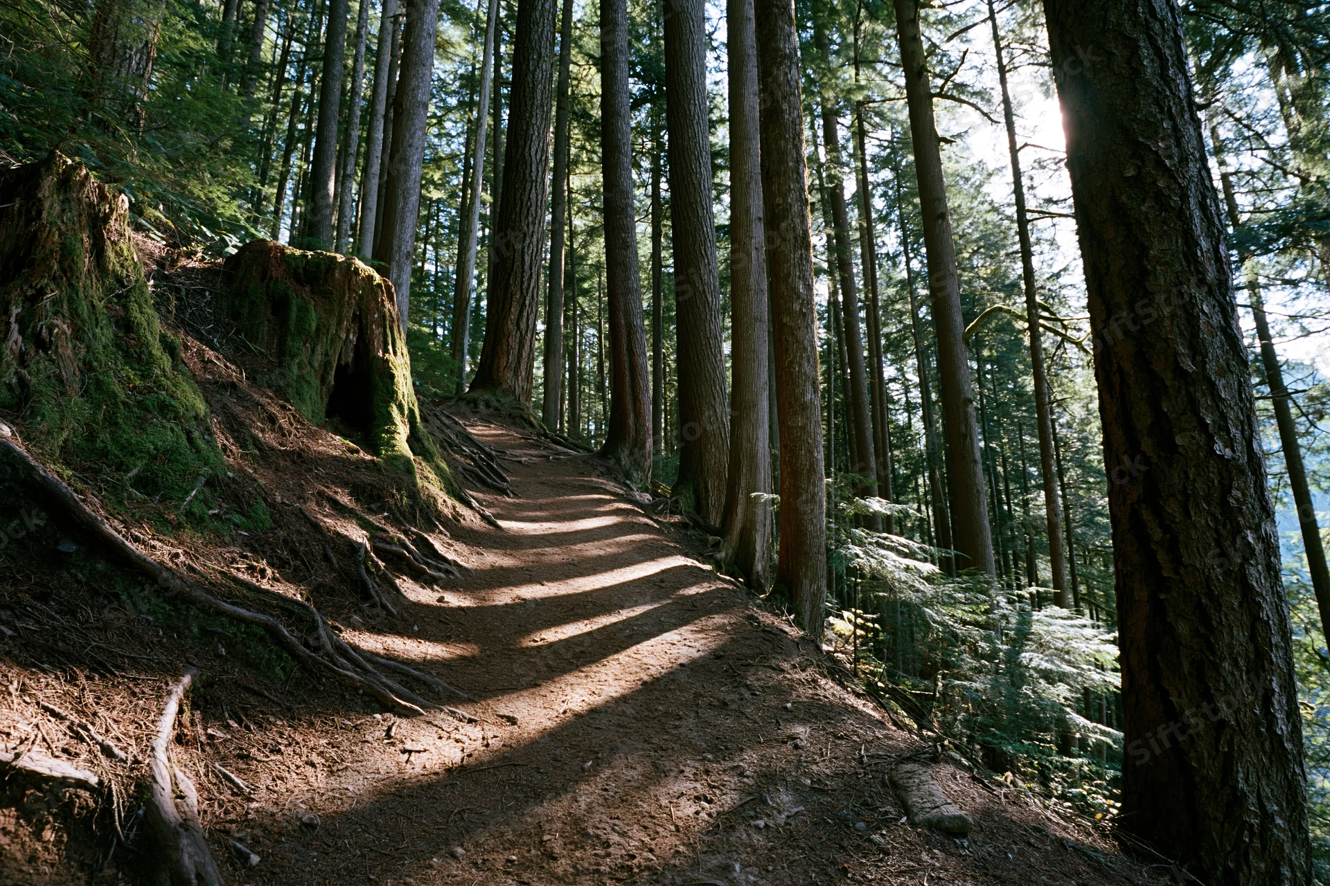 Dirt hiking trail winding through tall pine trees in a dense forest