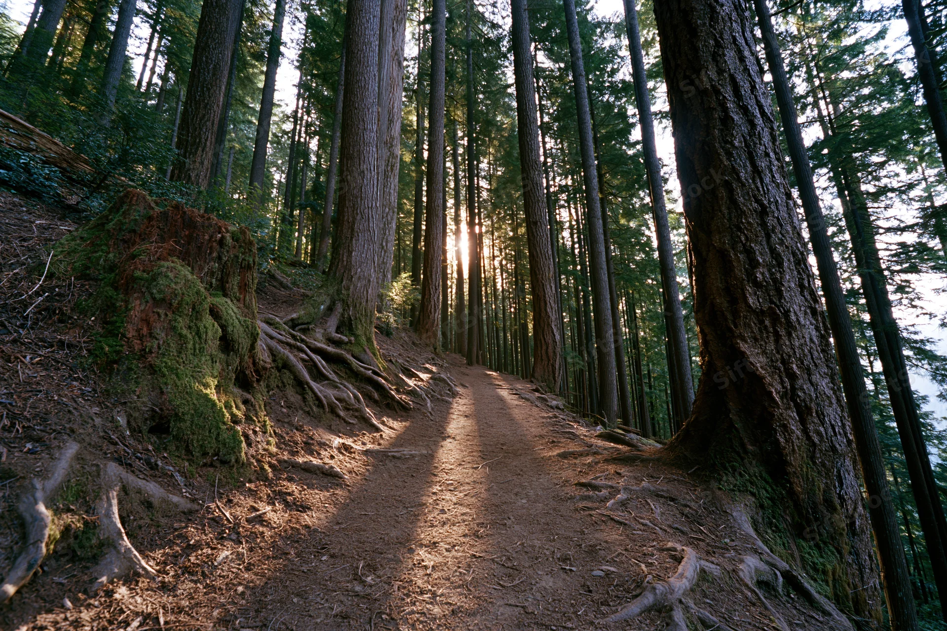 Dirt trail winding through tall redwood trees in pacific northwest forest with sunlight filtering through canopy
