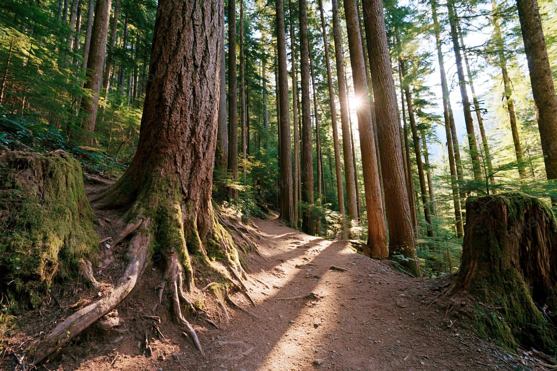 Dirt trail winding through tall redwood trees in a dense forest with sunlight filtering through the canopy