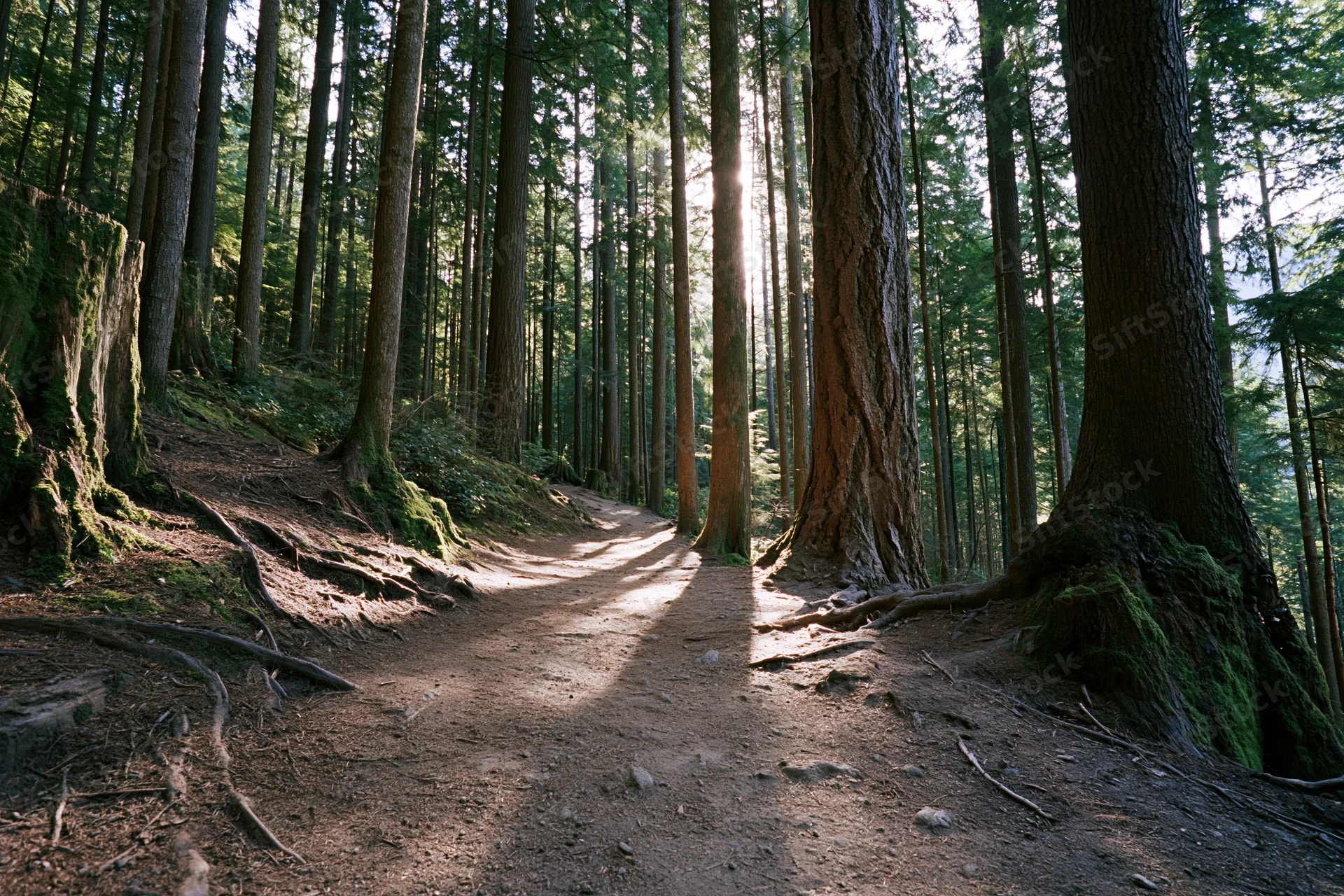 Dirt trail winding through tall trees in a dense forest with sunlight filtering through the canopy