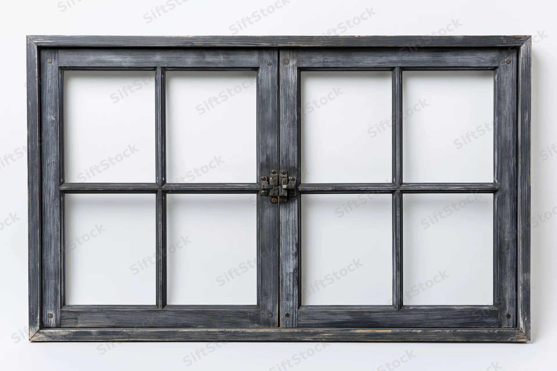 Double-hung wooden window frame with multiple panes isolated on white background